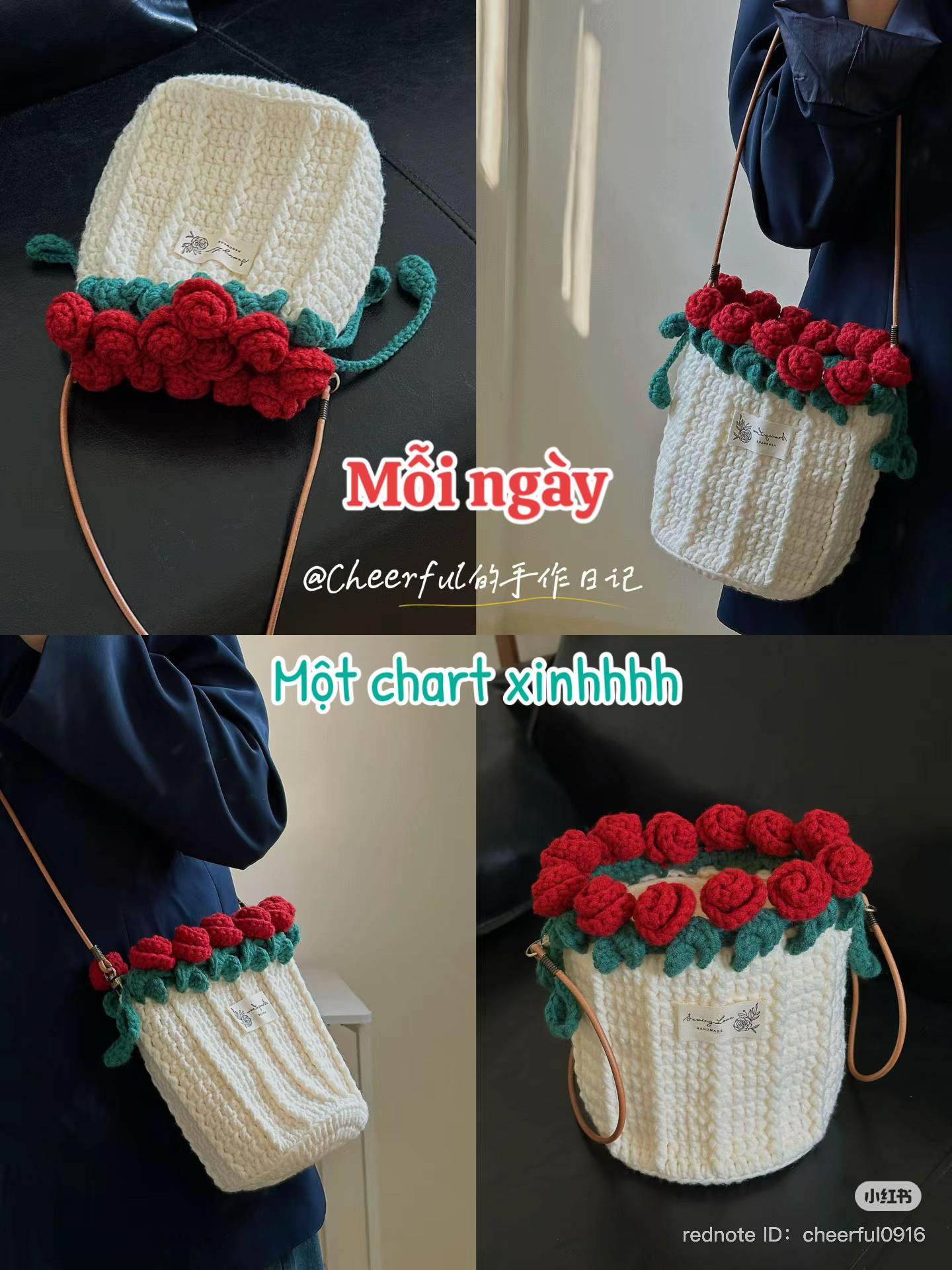 Crochet Bonnet with Red Rose and Green Leaf Design