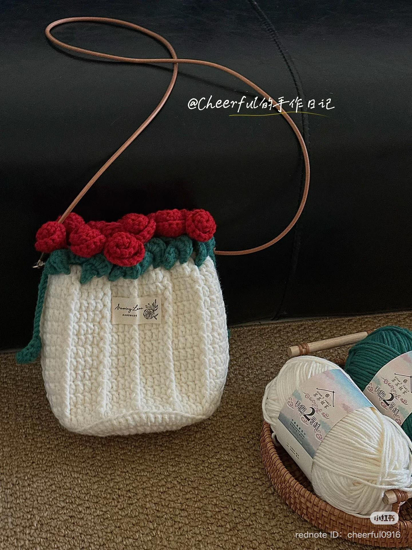 Crochet Bonnet with Red Rose and Green Leaf Design