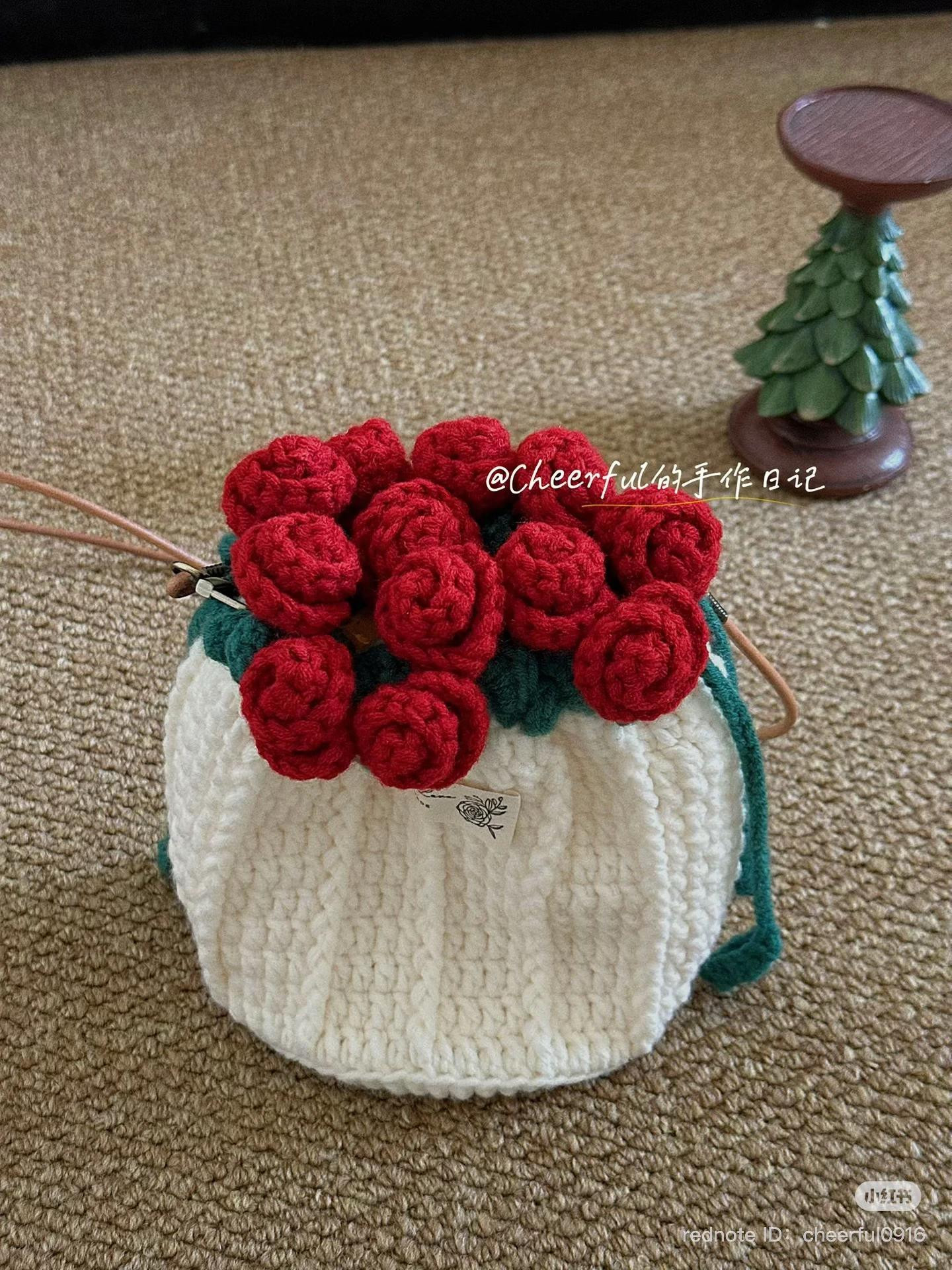 Crochet Bonnet with Red Rose and Green Leaf Design
