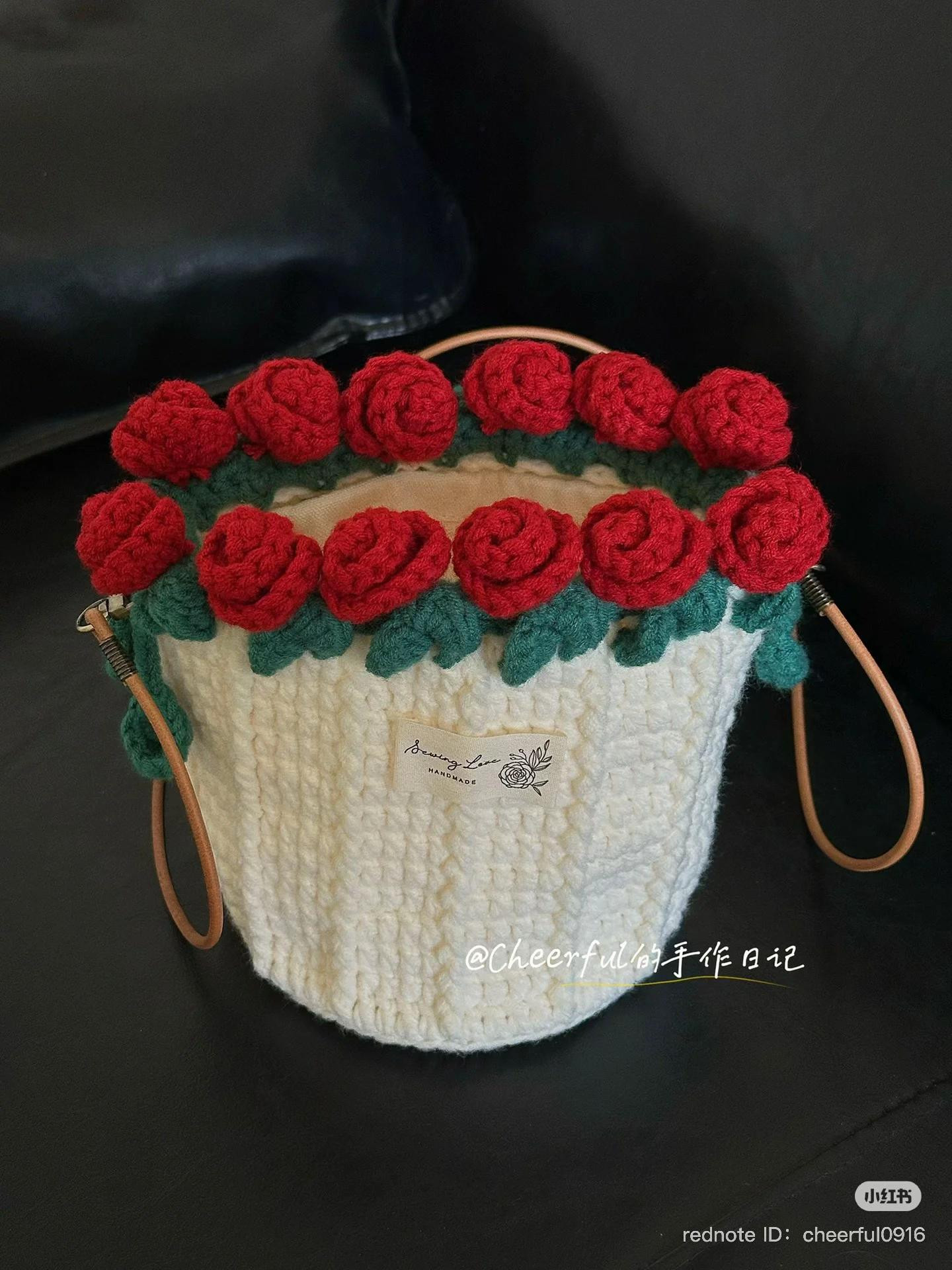 Crochet Bonnet with Red Rose and Green Leaf Design