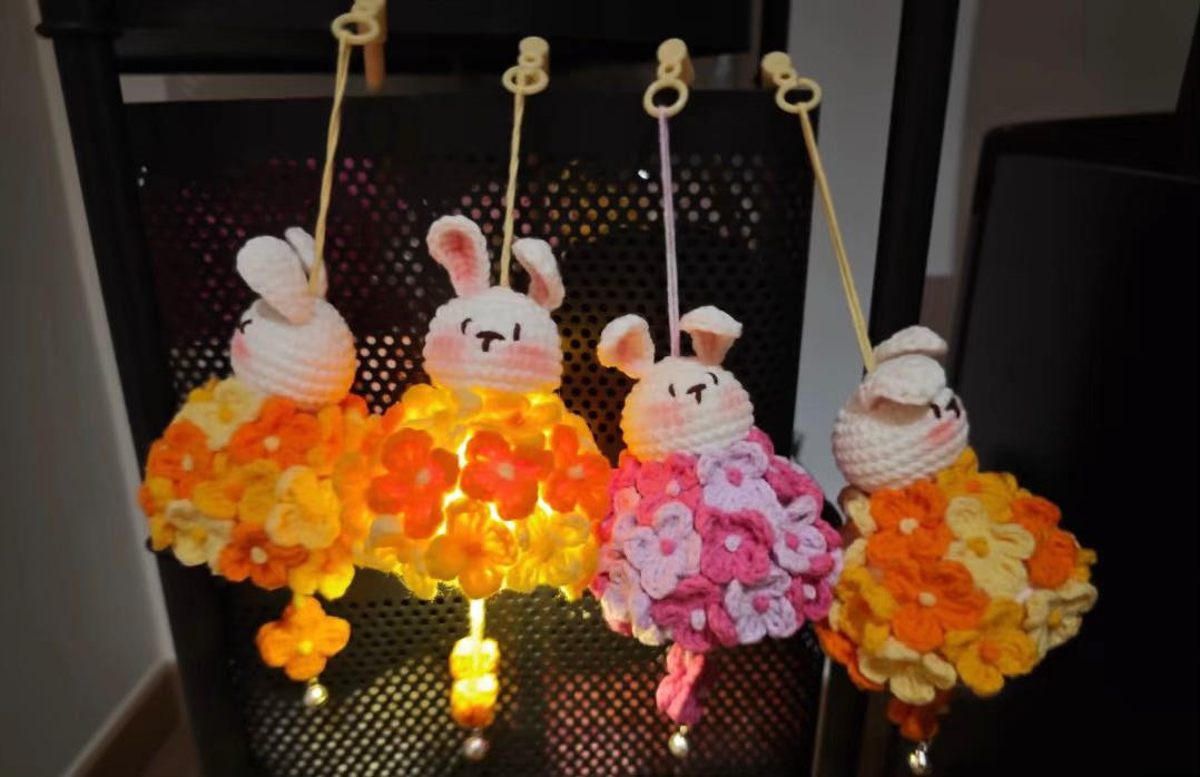 Crochet Bunny Lantern with Flower Pattern and LED Lights