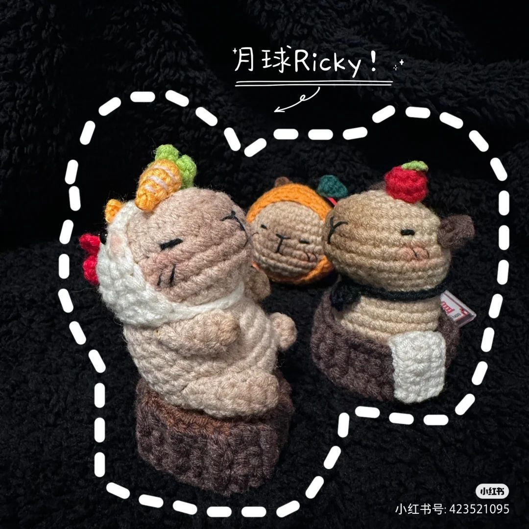 Crochet Cat Wearing Chicken Costume on Wooden Base