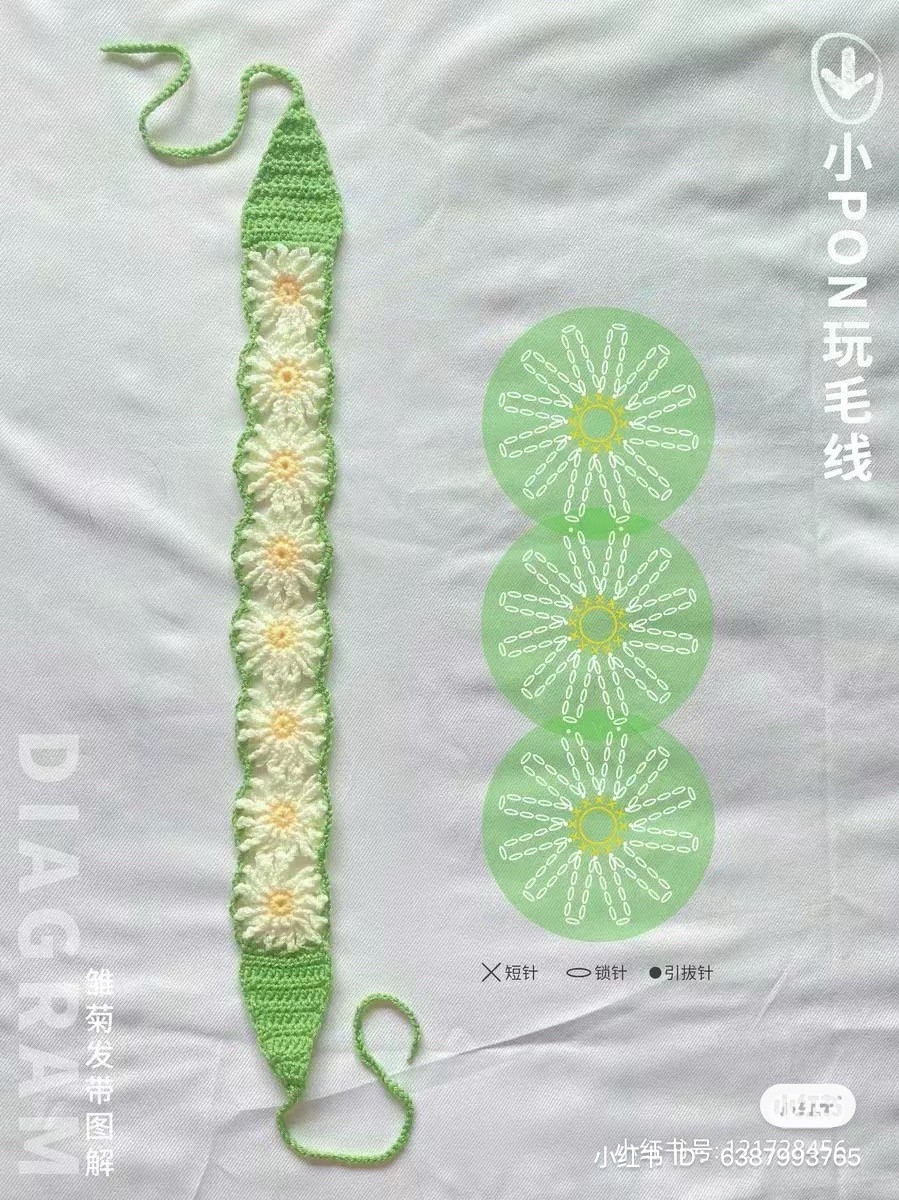 Crochet Daisy Headband Pattern with Green Edging for Beginners