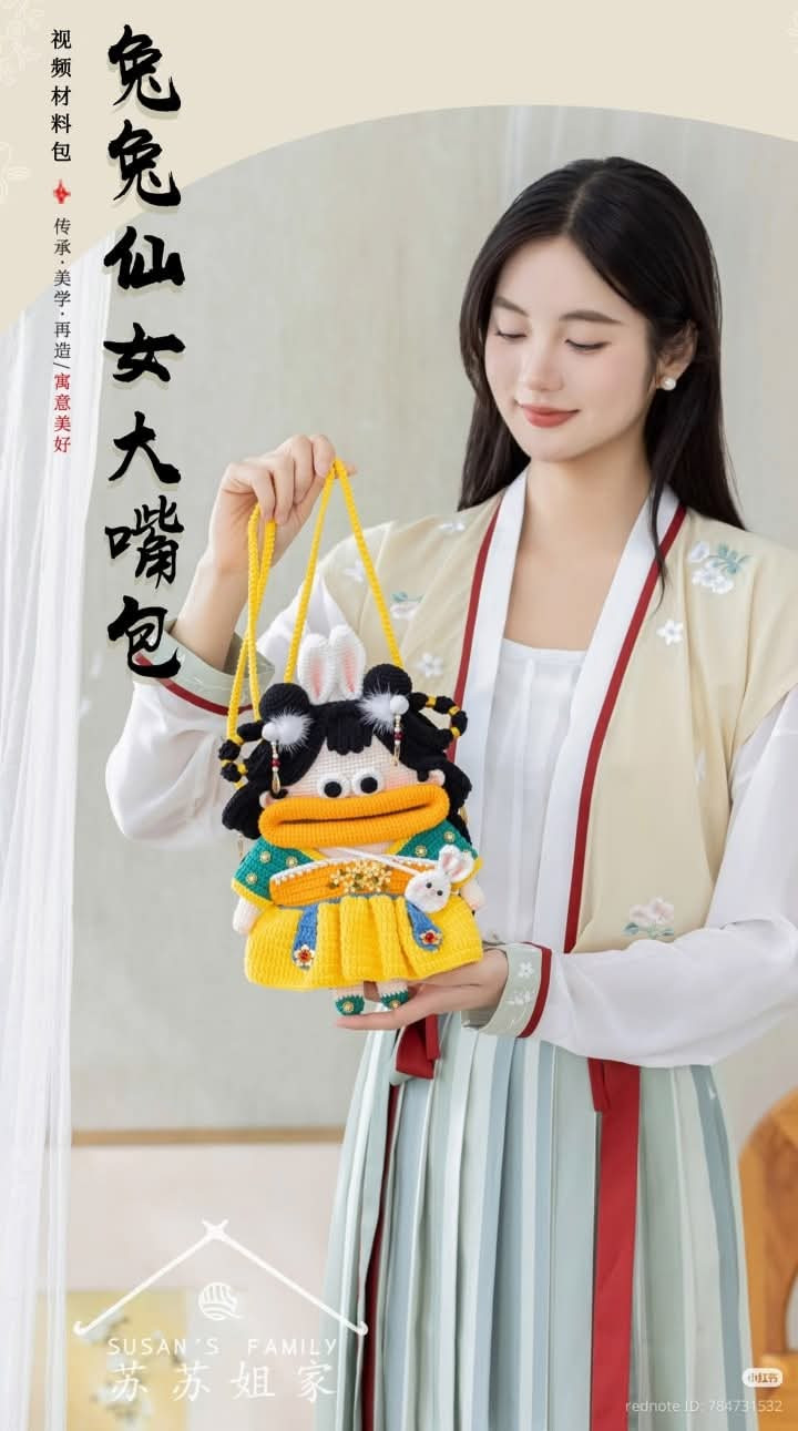 Crochet Doll Bag with Bunny Ears and Traditional Dress