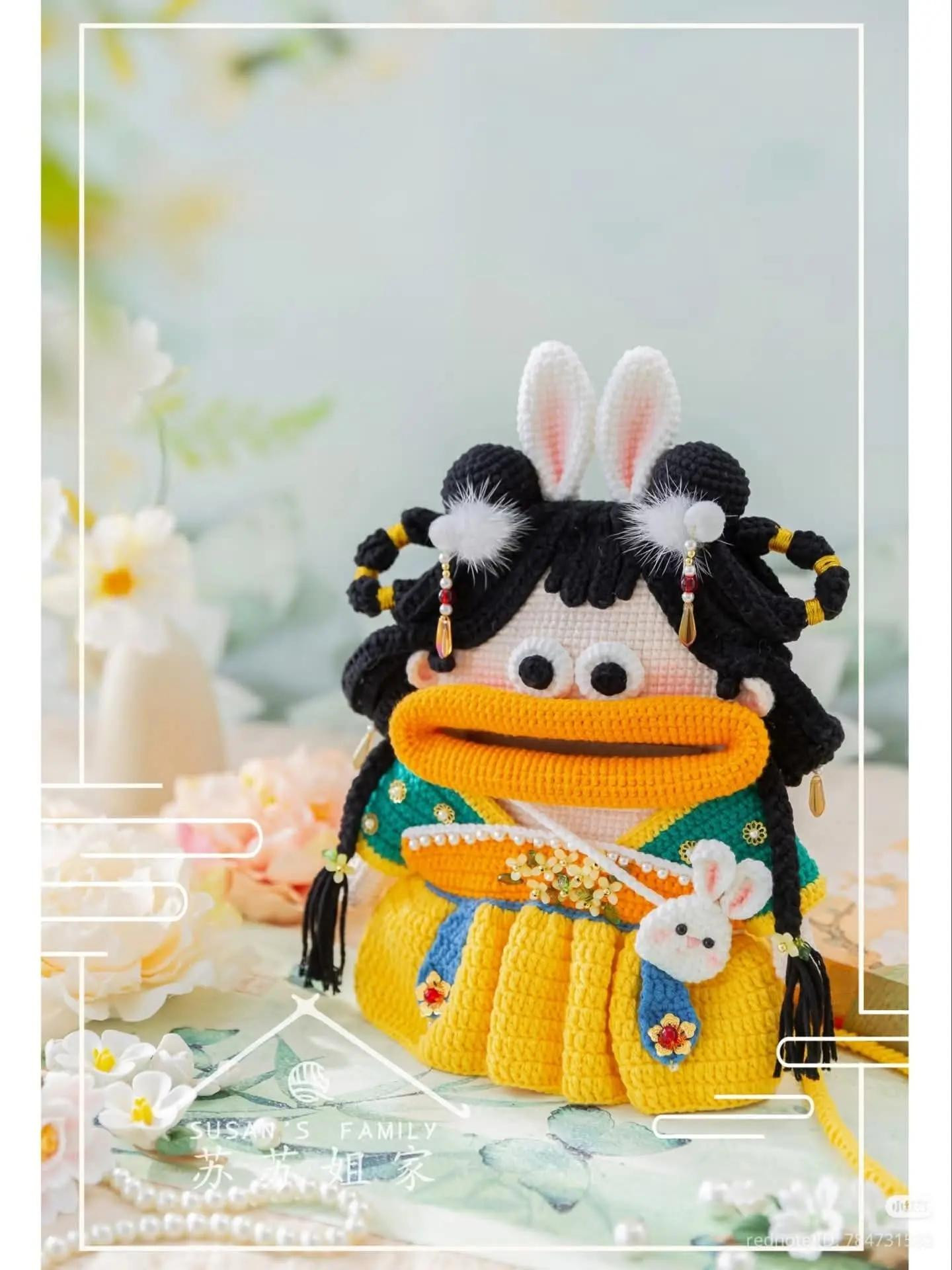 Crochet Doll Bag with Bunny Ears and Traditional Dress