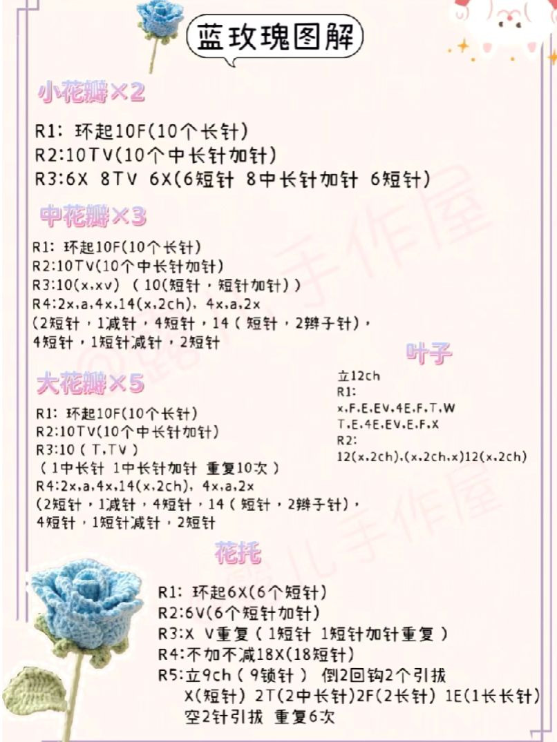 Crochet Pattern for a Beautiful Blue Rose with Leaf Details