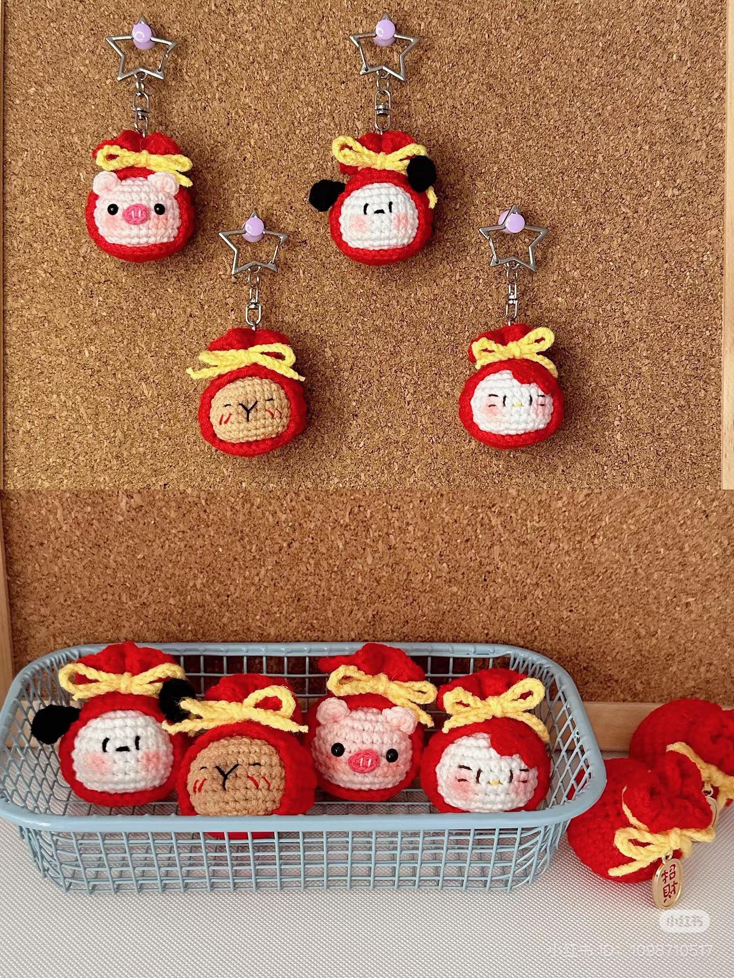 Cute Crochet Animal Keychains with Red Bags and Yellow Bows
