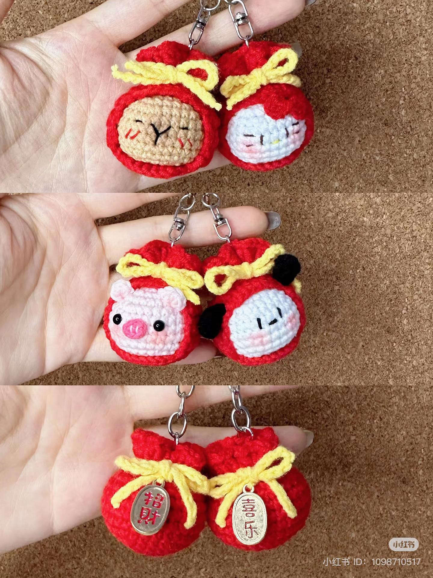Cute Crochet Animal Keychains with Red Bags and Yellow Bows