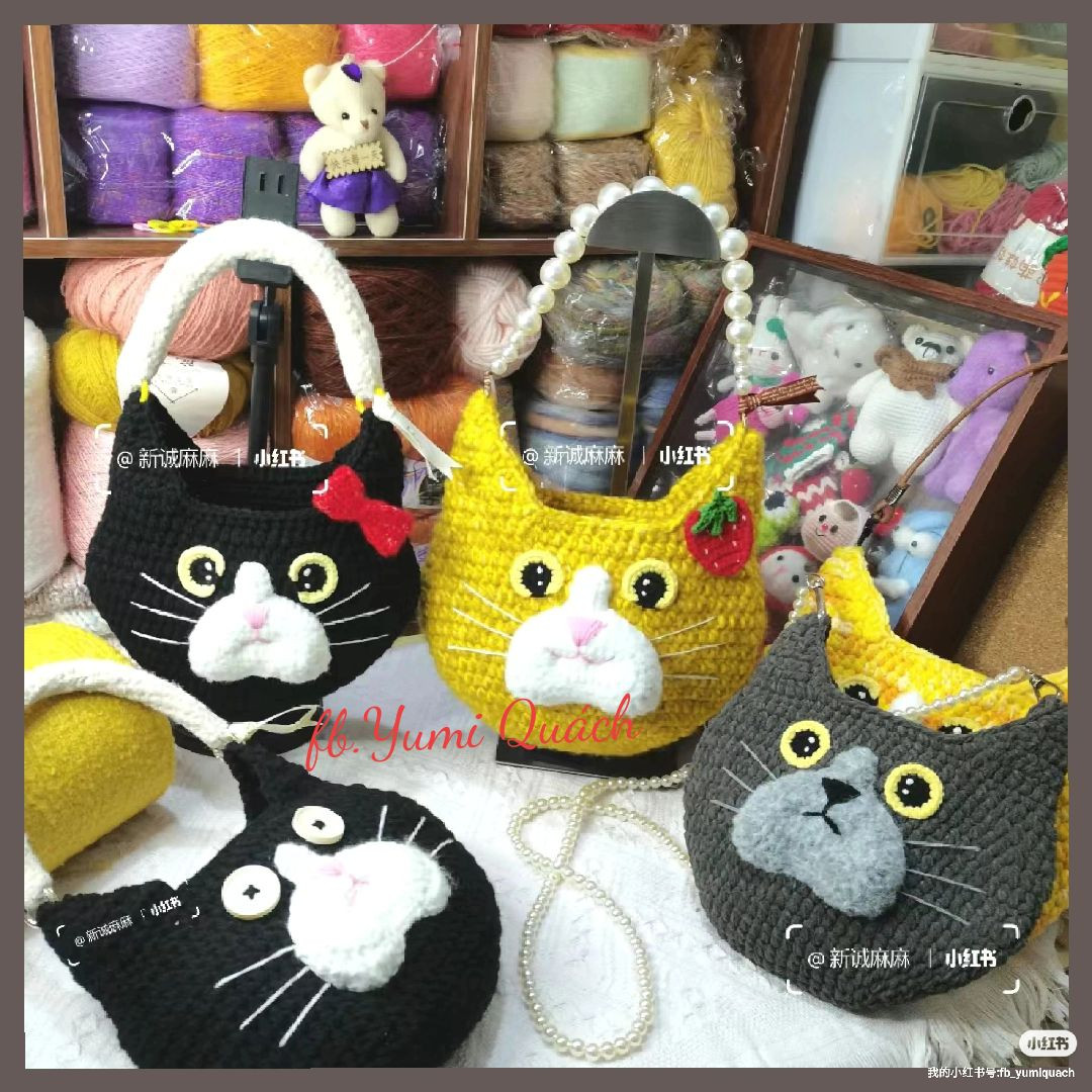 Cute Crochet Cat Purse with Pearl Handle and Red Bow