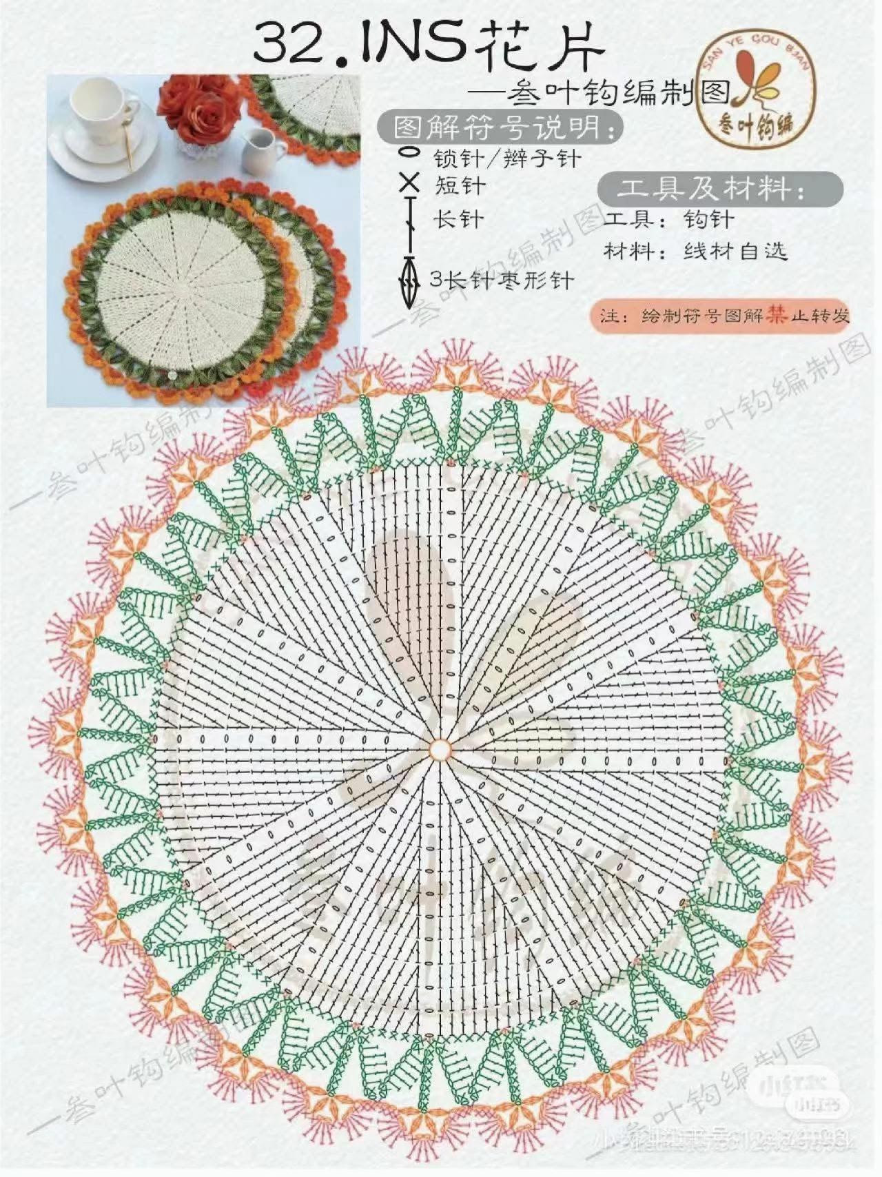 Decorative Crochet Placemat Pattern with Floral Border in Three Colors