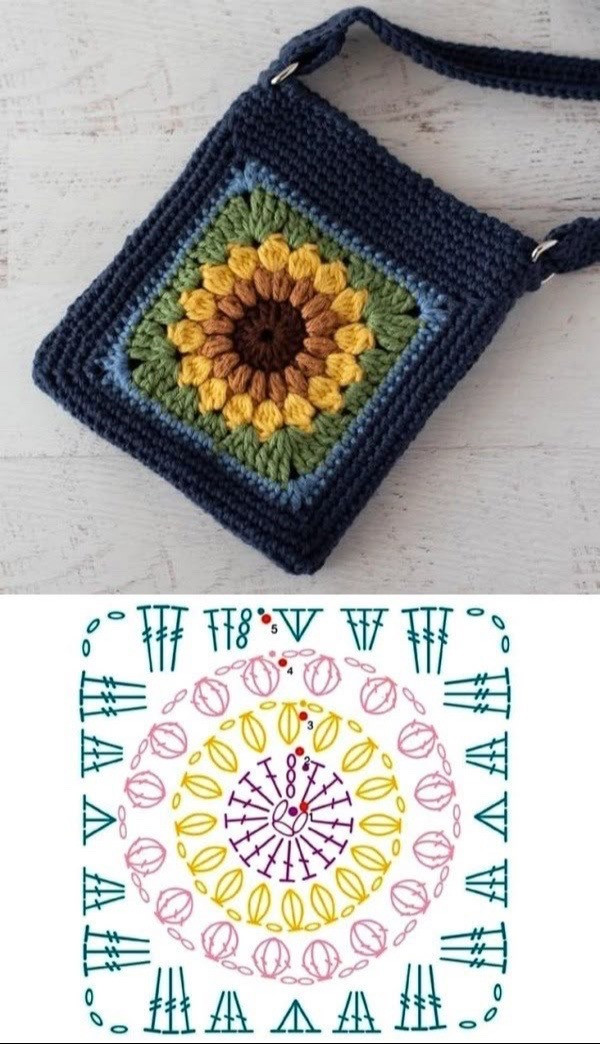 Elegant Crochet Bag with Square Motif Design