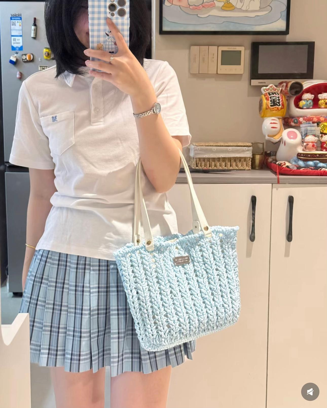 Elegant Handcrafted Crochet Bag with Light Blue Handles