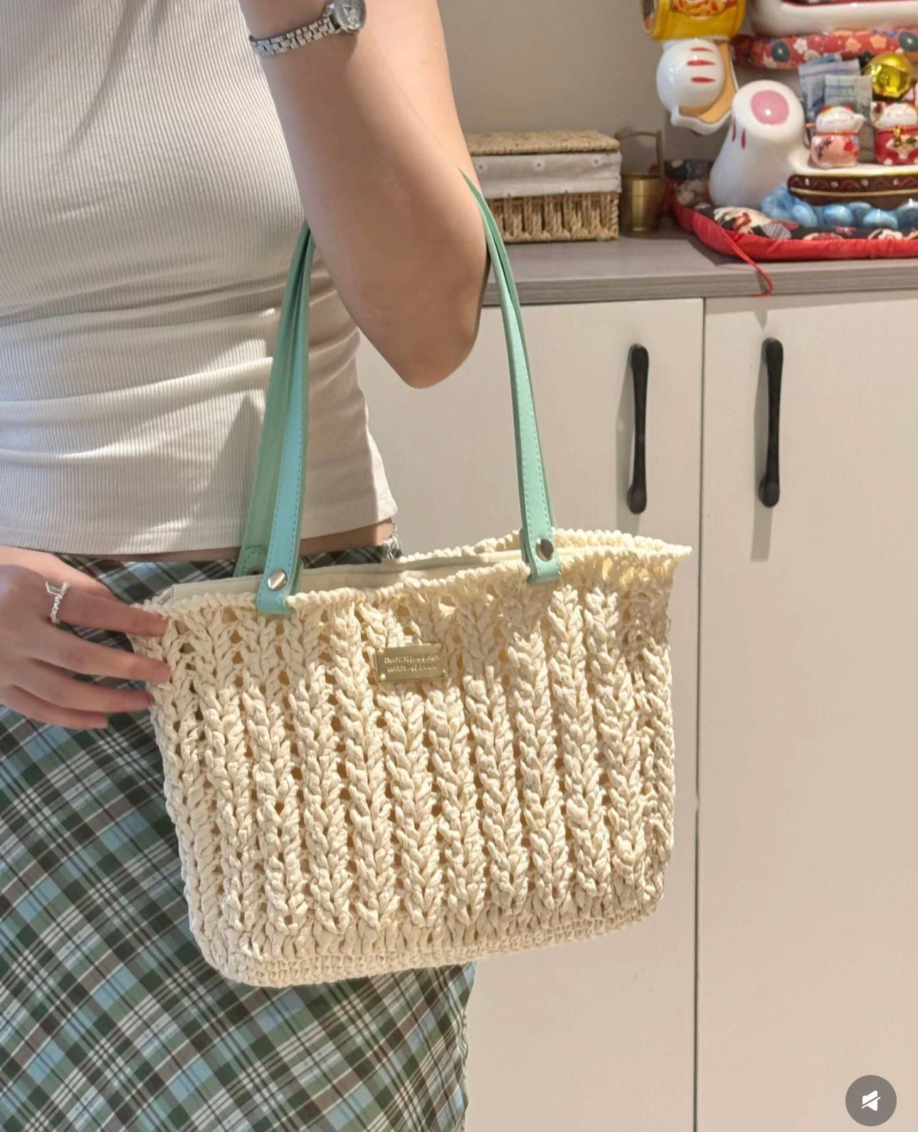 Elegant Handcrafted Crochet Bag with Light Blue Handles