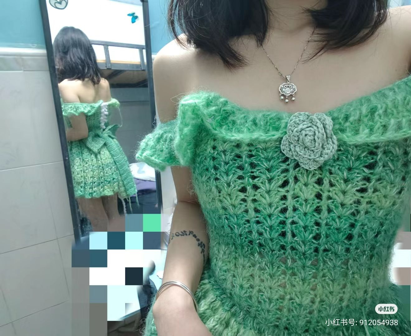 Green Crochet Dress with Ruffle Details and Bow Accent