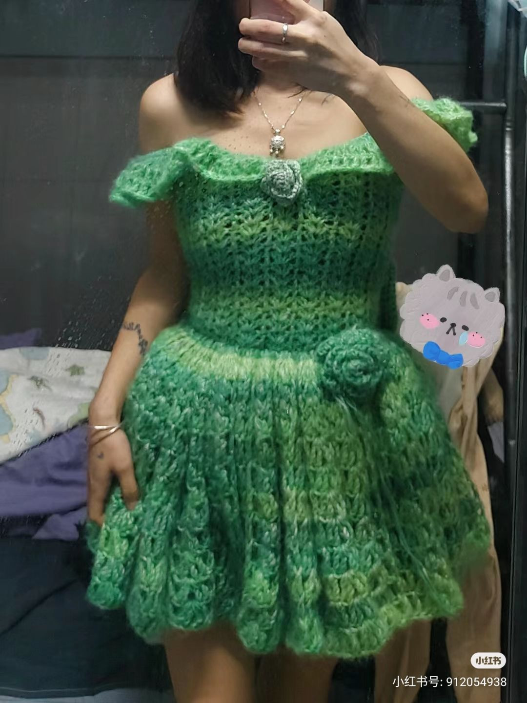 Green Crochet Dress with Ruffle Details and Bow Accent
