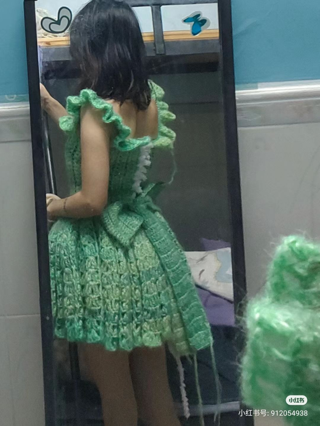 Green Crochet Dress with Ruffle Details and Bow Accent