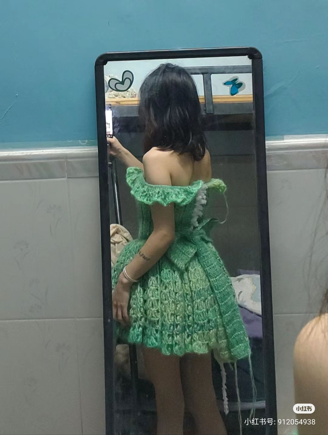 Green Crochet Dress with Ruffle Details and Bow Accent