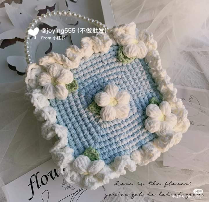 Handmade Crochet Bag with Floral Design and Pearl Handle
