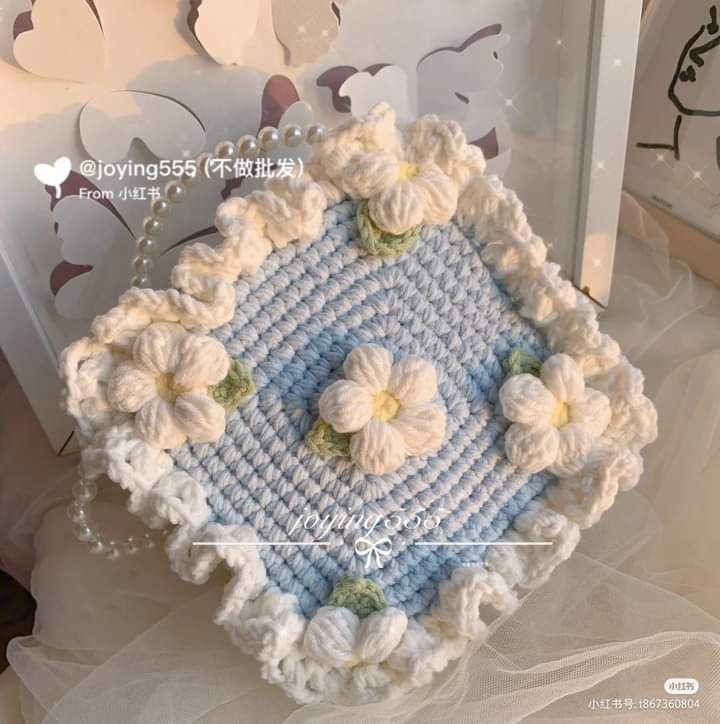 Handmade Crochet Bag with Floral Design and Pearl Handle