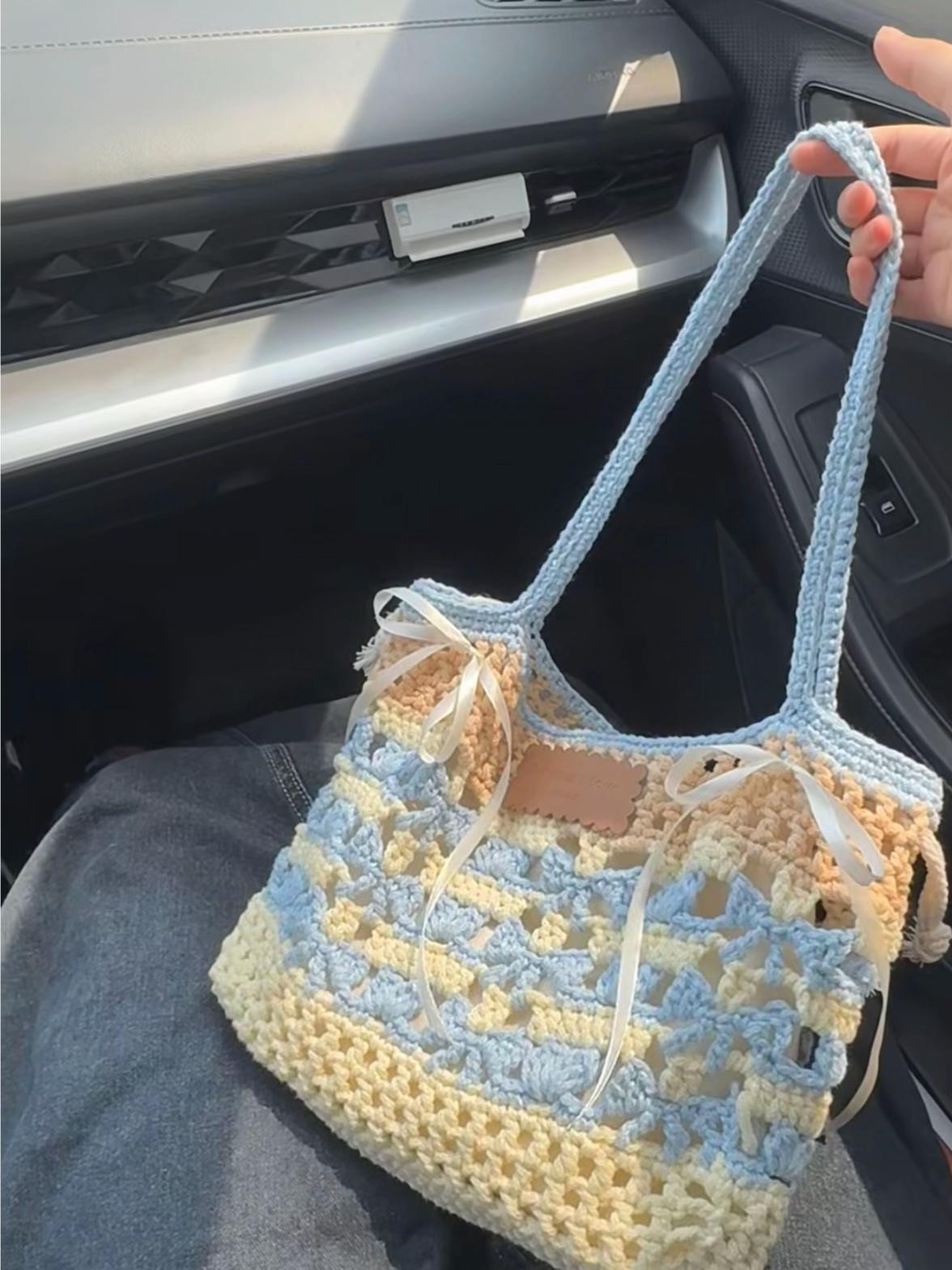 Handmade Crochet Bag with Pastel Blue and Cream Stripes