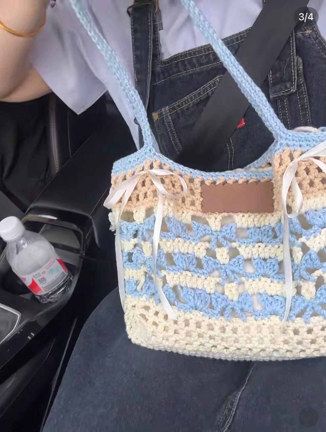 Handmade Crochet Bag with Pastel Blue and Cream Stripes