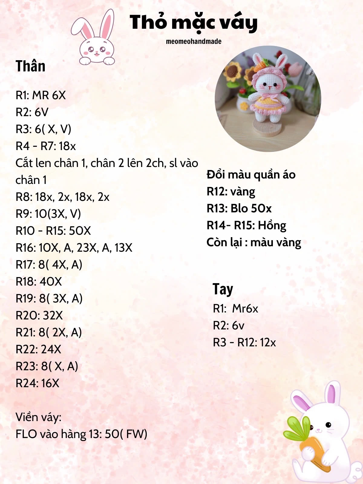 Hướng dẫn móc hình thỏ dễ thương mặc váy cho người mới bắt đầu