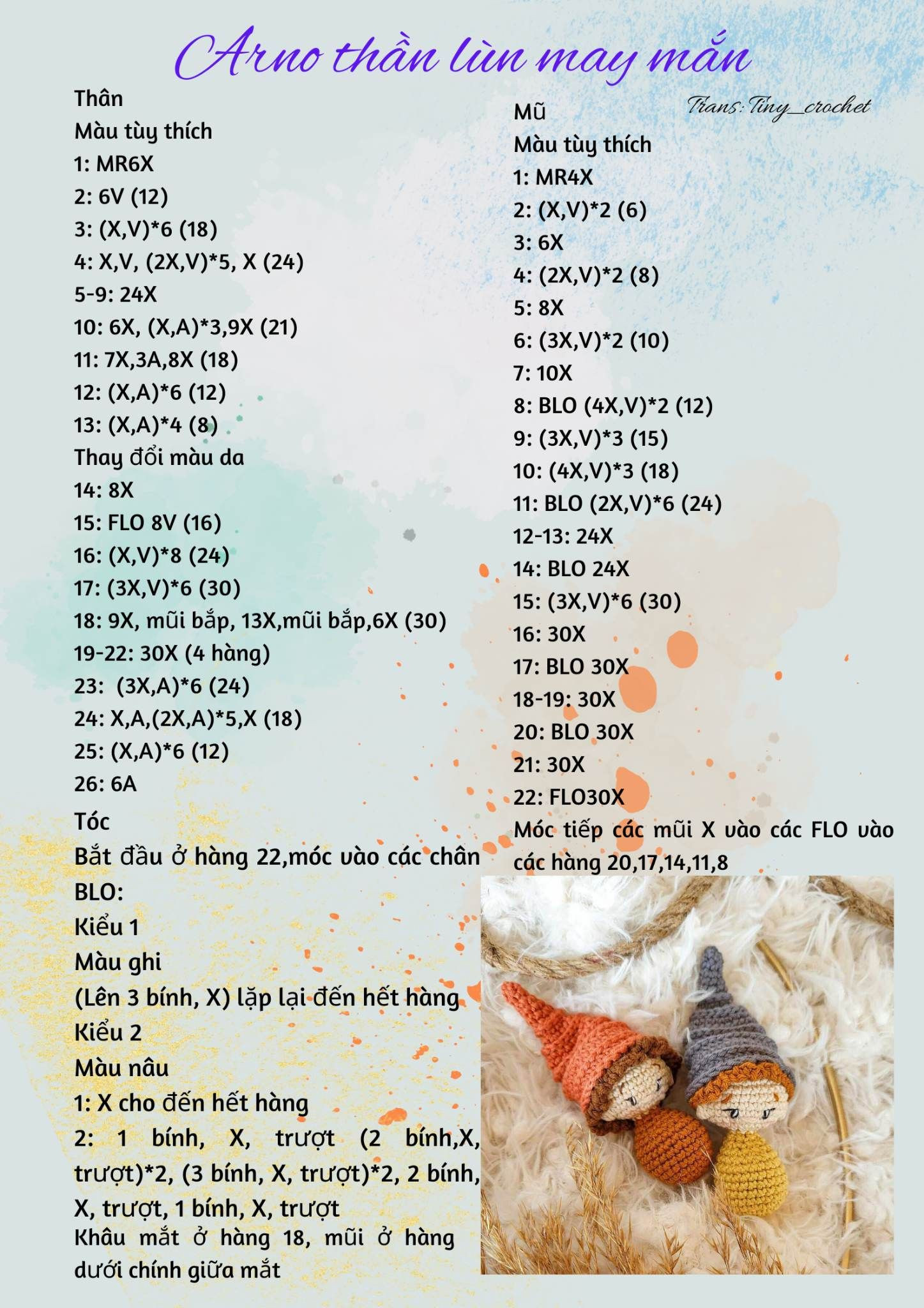 Hướng dẫn móc len búp bê lùn may mắn với nón và thân đầy đủ.