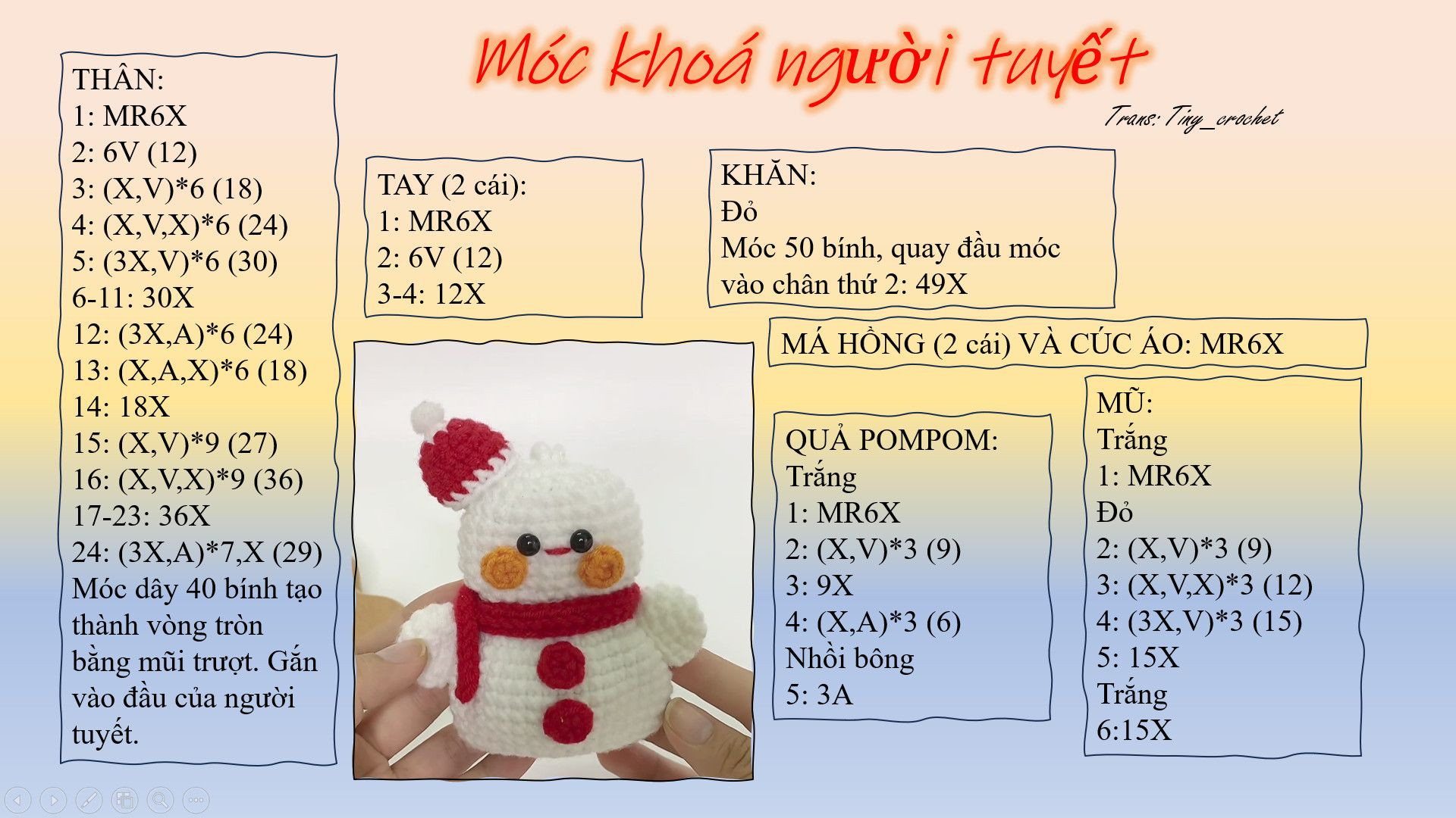 Hướng dẫn móc len chi tiết cho móc khóa người tuyết đáng yêu.