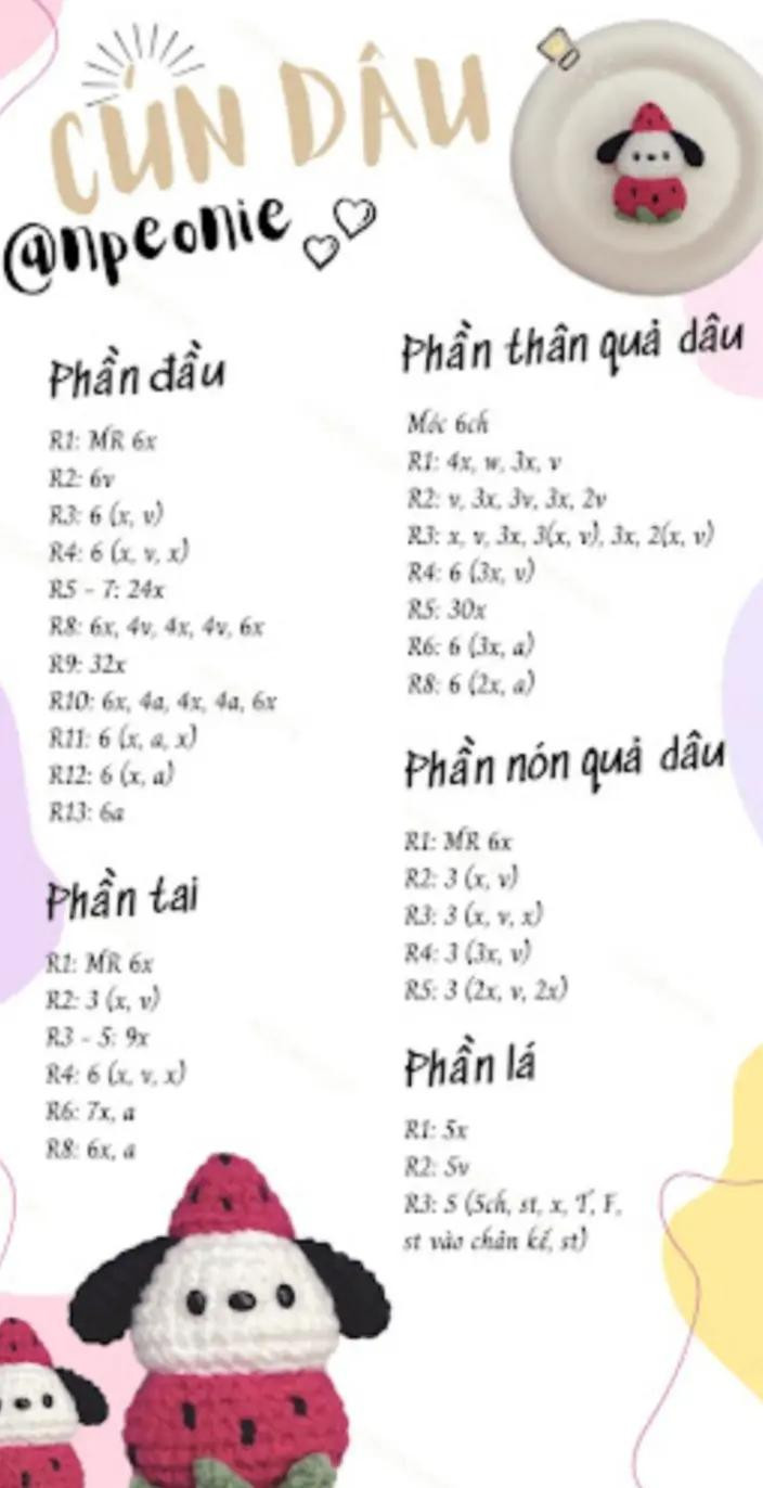 Hướng dẫn móc len hình cún dễ thương đội mũ dâu tây