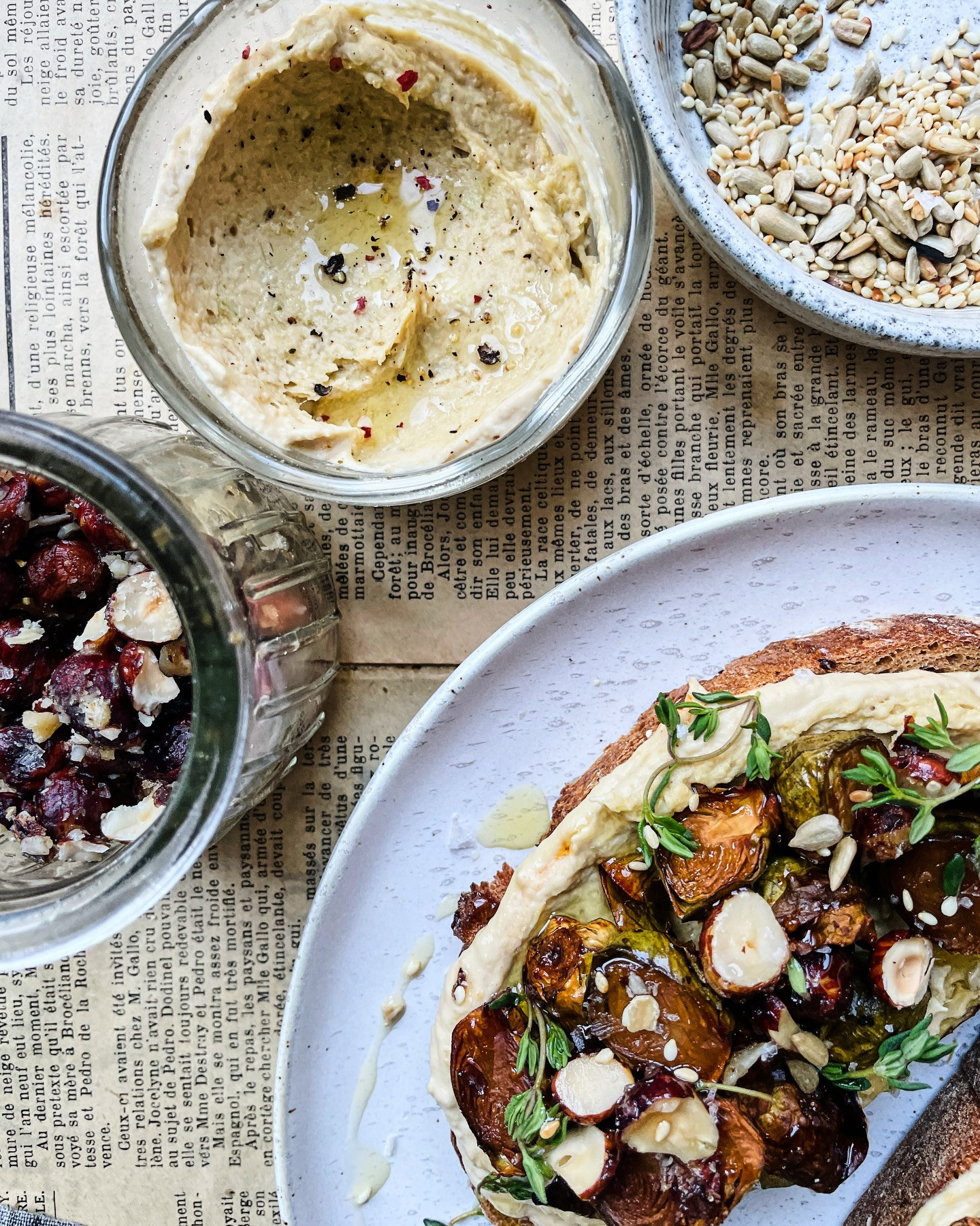 Maple-Glazed Sprout Toast with Caramelised Leek Hummus