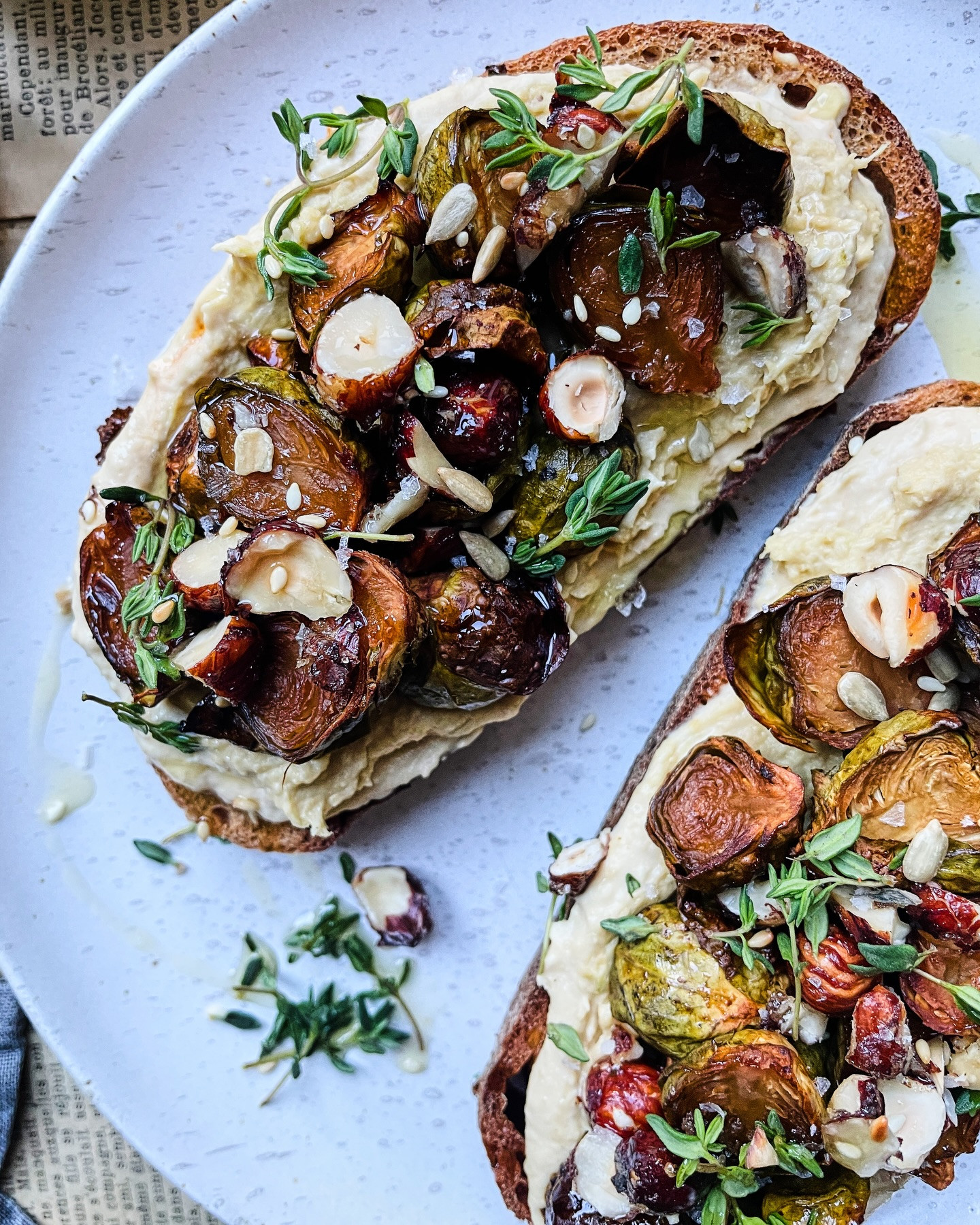 Maple-Glazed Sprout Toast with Caramelised Leek Hummus