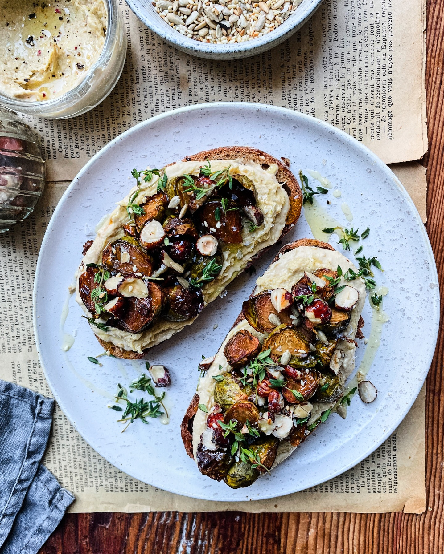 Maple-Glazed Sprout Toast with Caramelised Leek Hummus