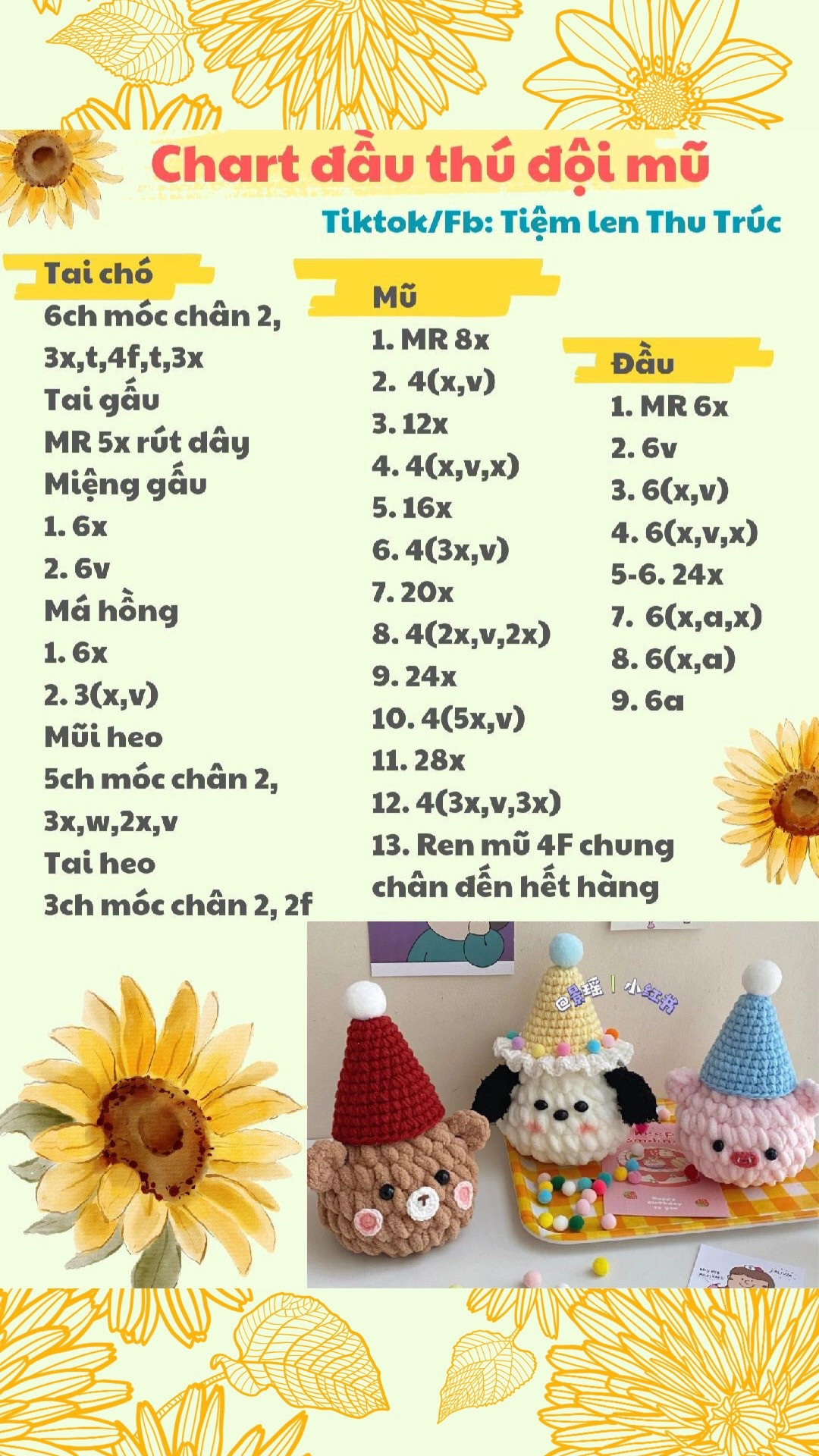 Những chú thú nhồi bông len đội mũ sinh nhật đáng yêu và thú vị