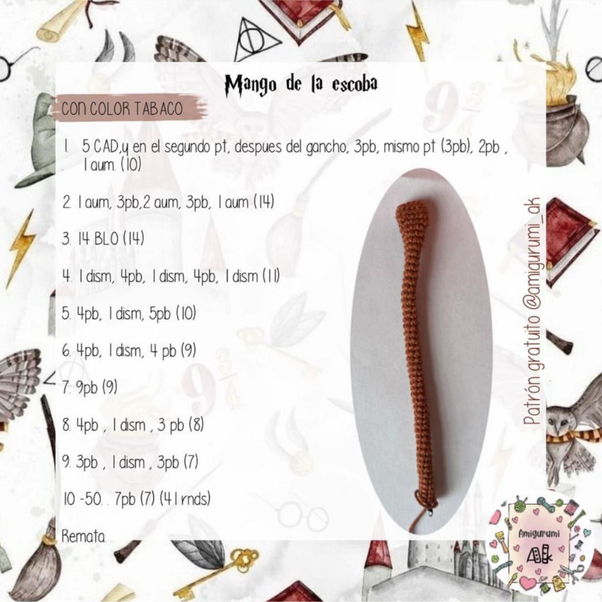 Patrón de Amigurumi: Escoba Mágica Nimbus 2000 a Crochet