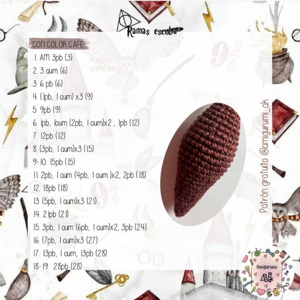 Patrón de Amigurumi: Escoba Mágica Nimbus 2000 a Crochet