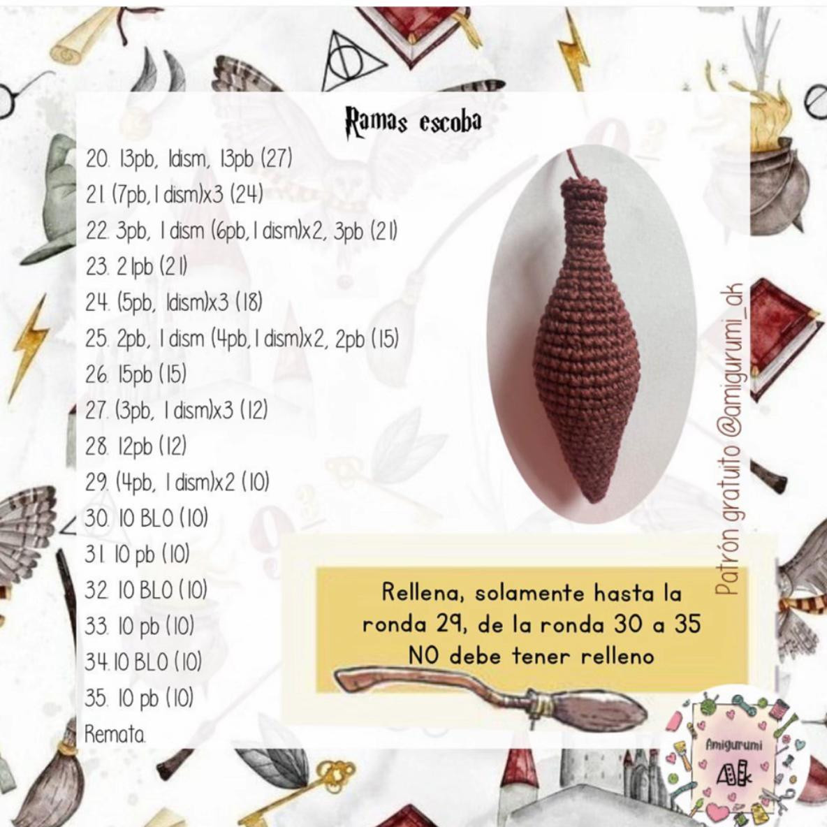 Patrón de Amigurumi: Escoba Mágica Nimbus 2000 a Crochet