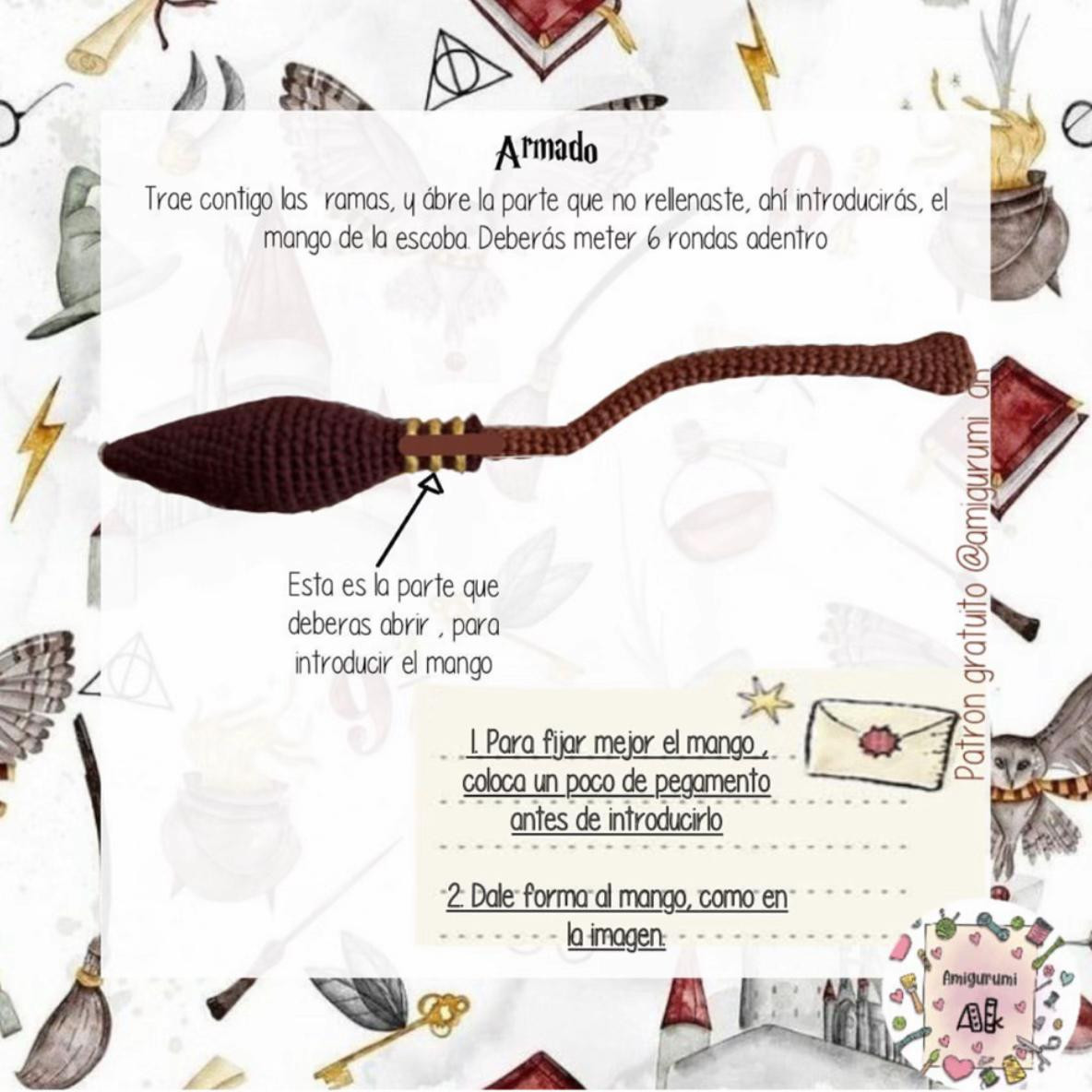 Patrón de Amigurumi: Escoba Mágica Nimbus 2000 a Crochet