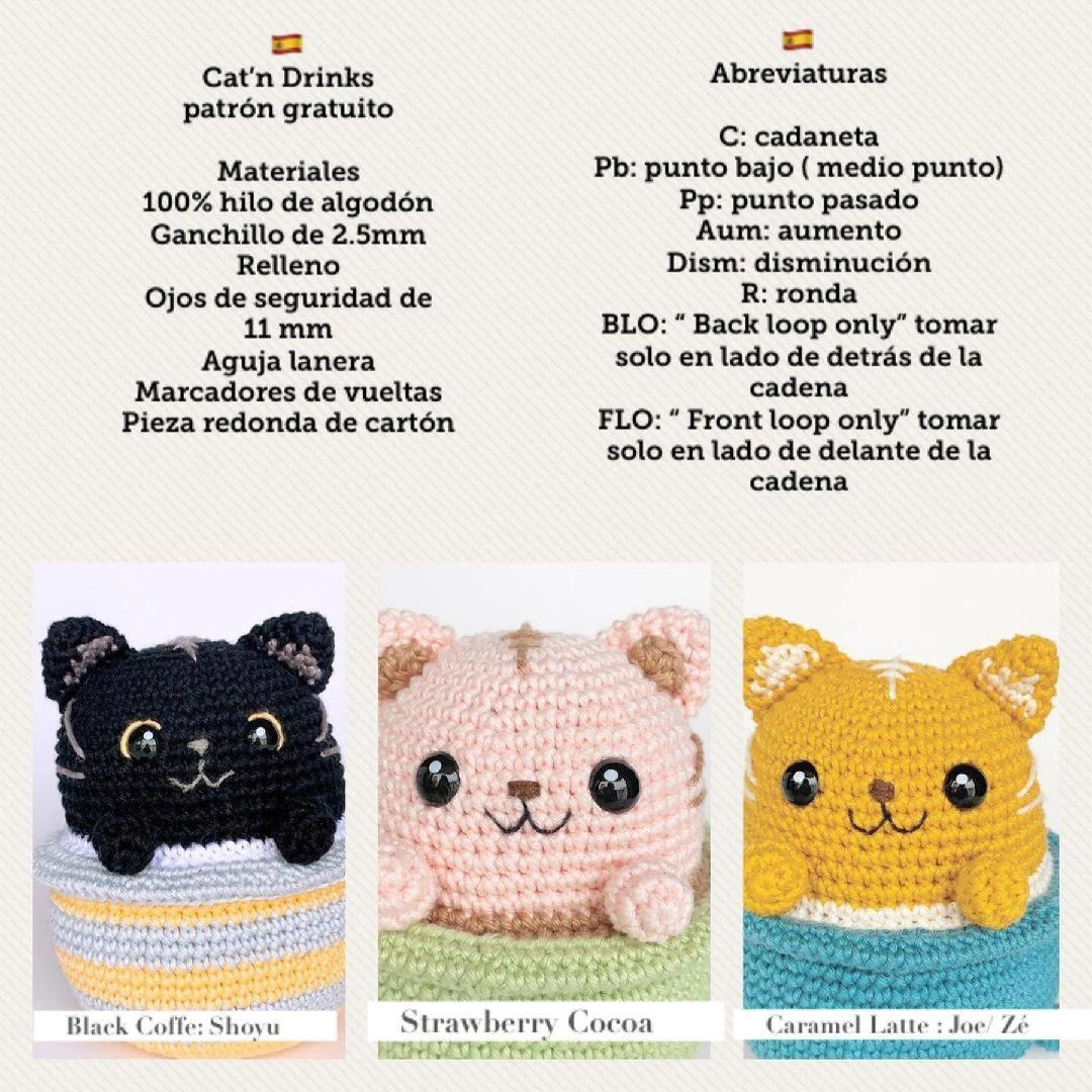 Patrón de gatos amigurumi en tazas de ganchillo