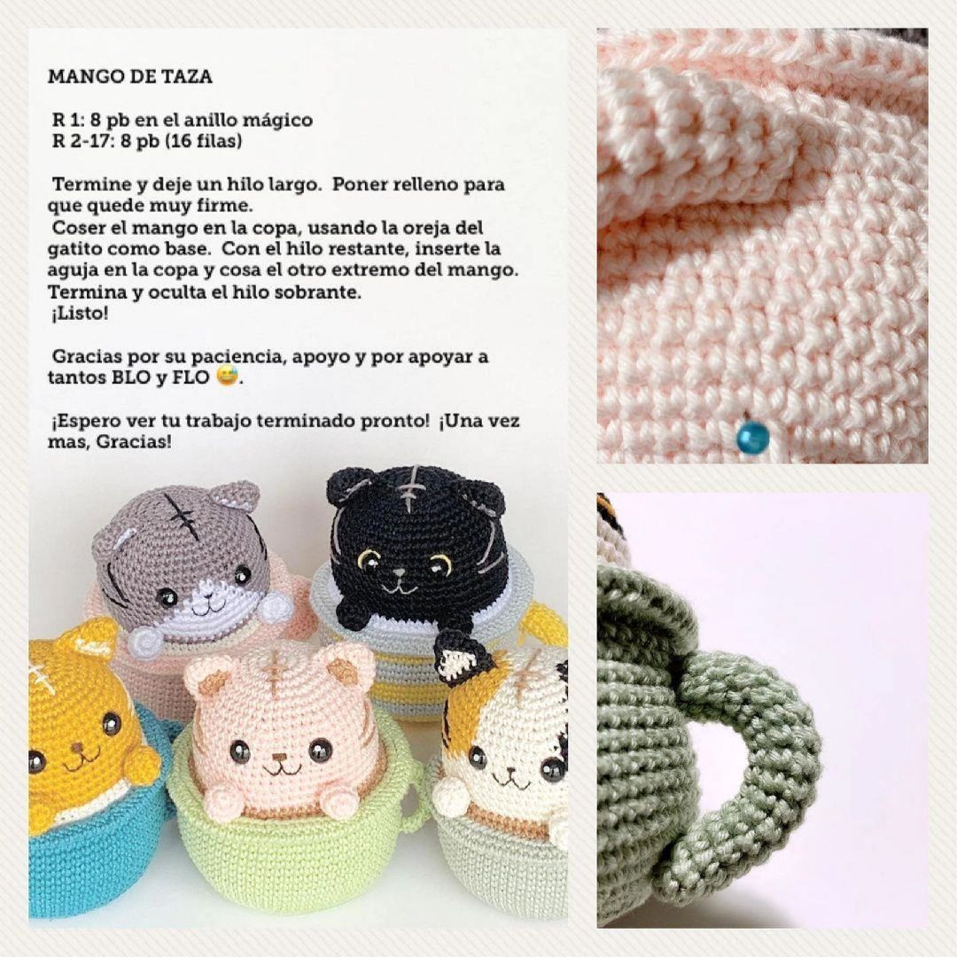 Patrón de gatos amigurumi en tazas de ganchillo