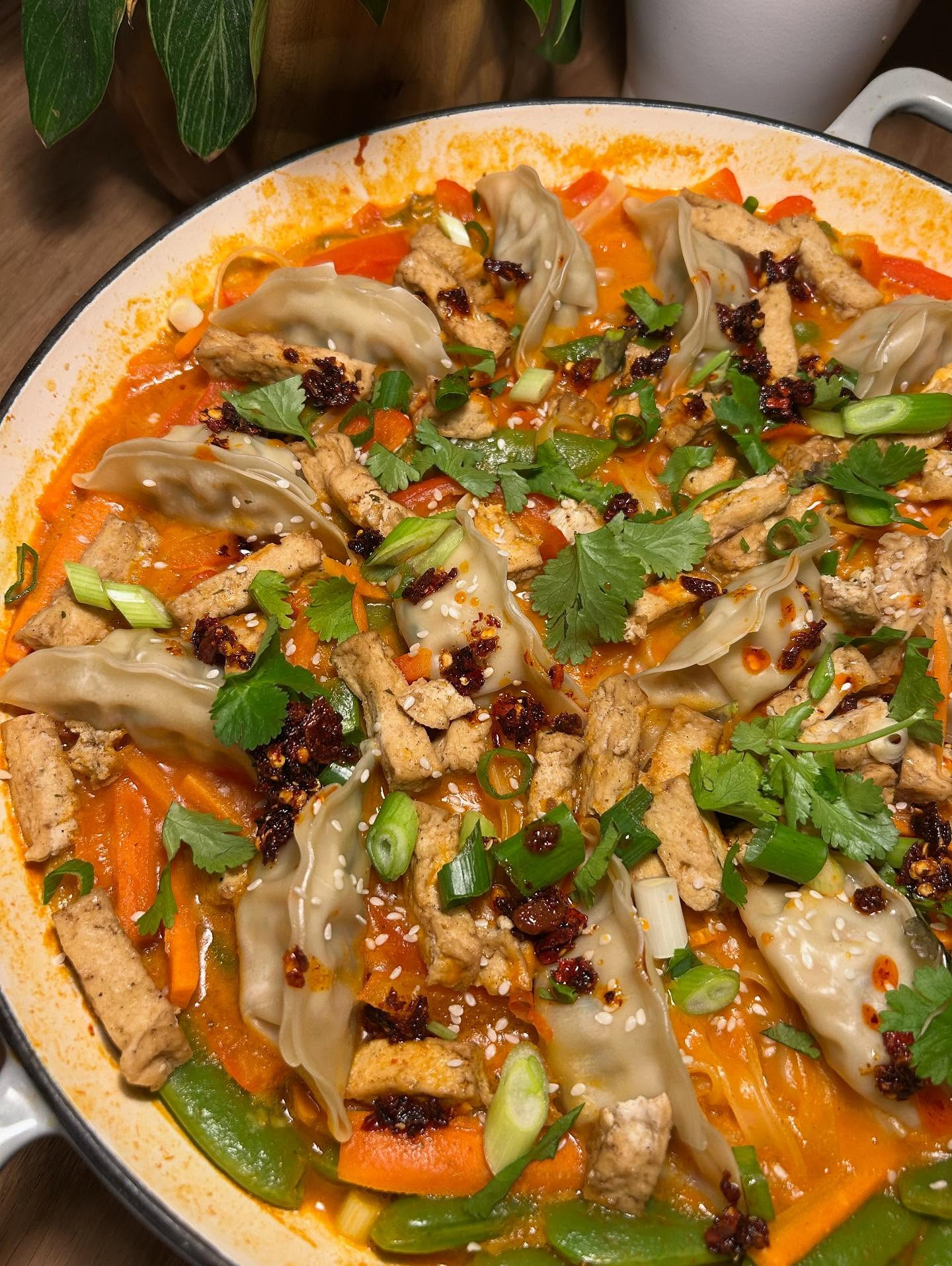 Spicy Thai Red Curry Noodles with Tofu and Gyozas