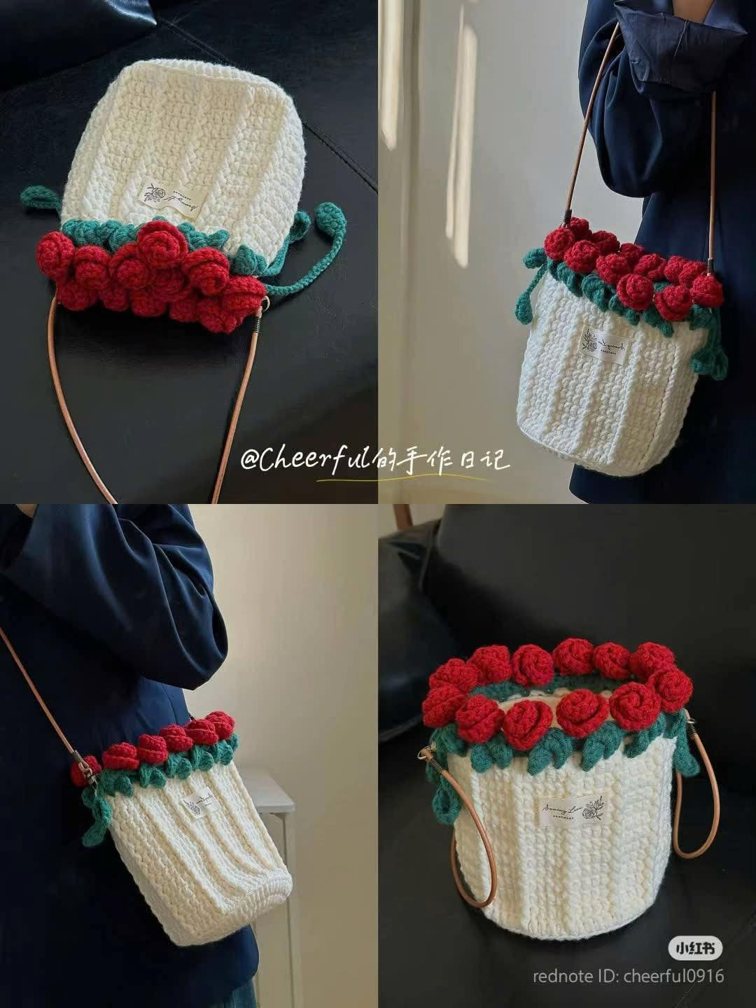 Túi xách móc len tay với hoa hồng đỏ nổi bật