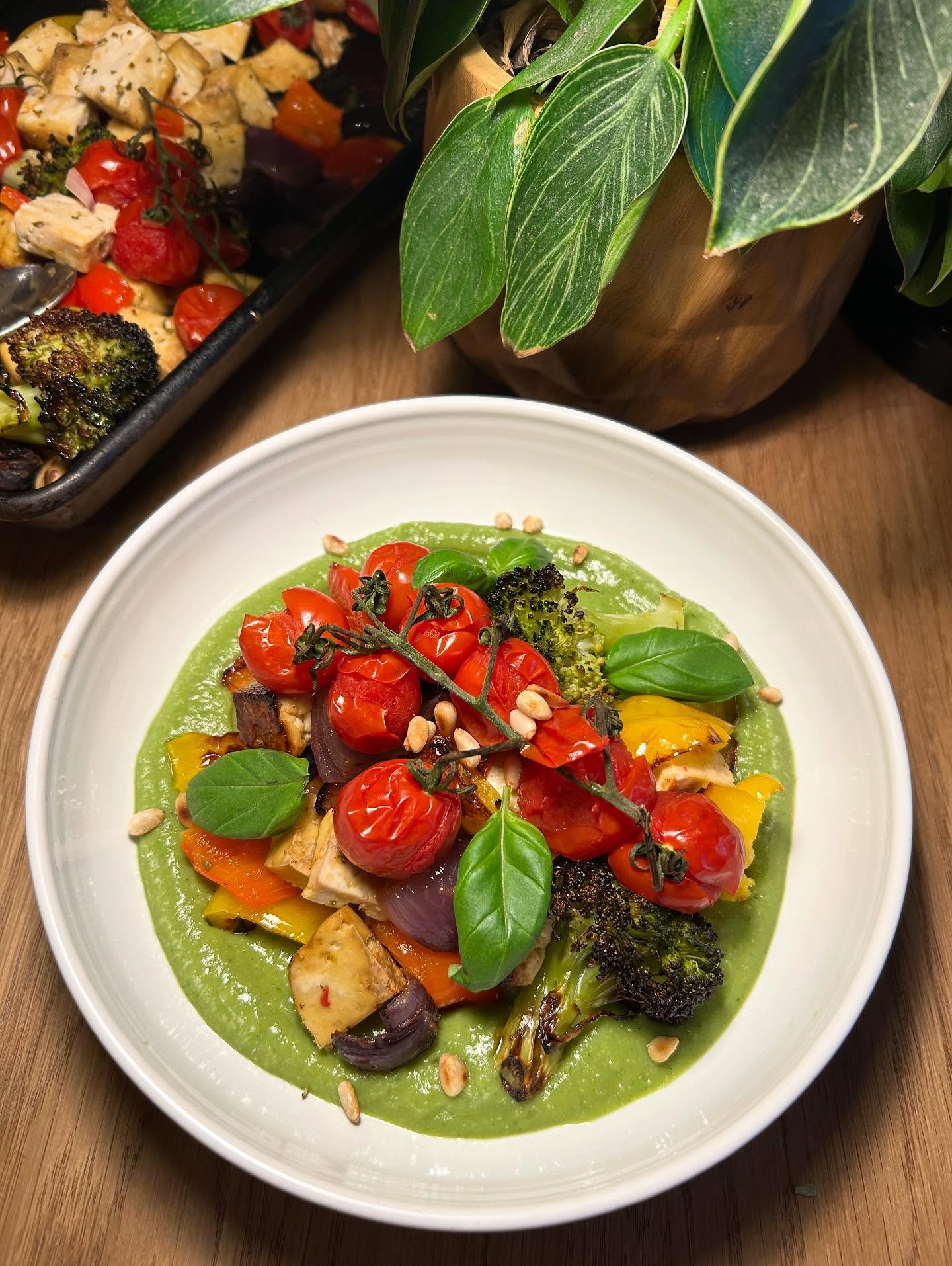 Vibrant Tofu and Roasted Veggie Basil Bowl