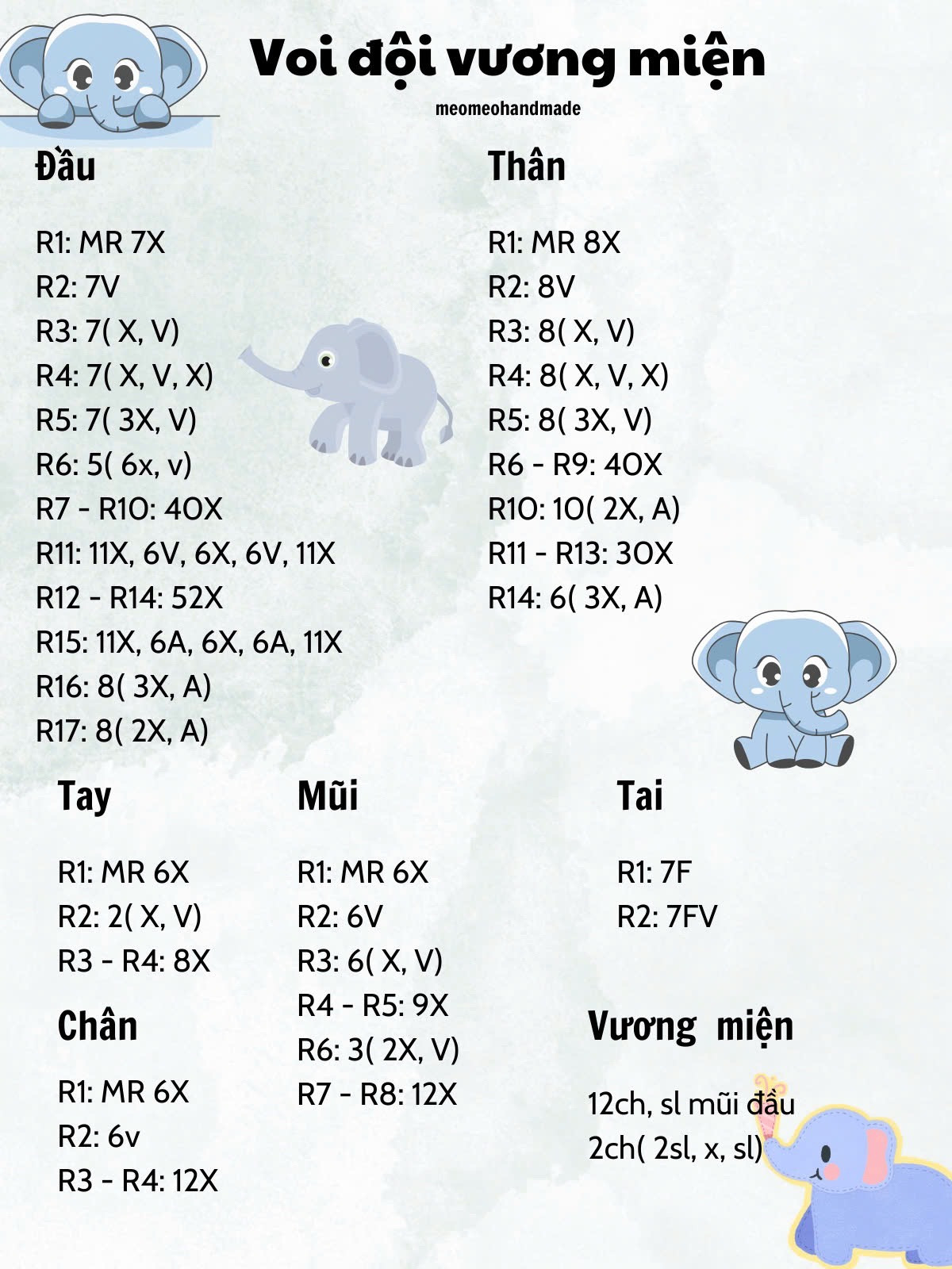 Voi xanh đội vương miện vàng, hướng dẫn móc len chi tiết