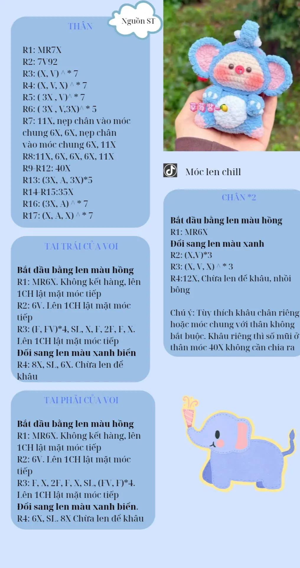 Chart móc len búp bê Heo Cosplay Voi màu xanh