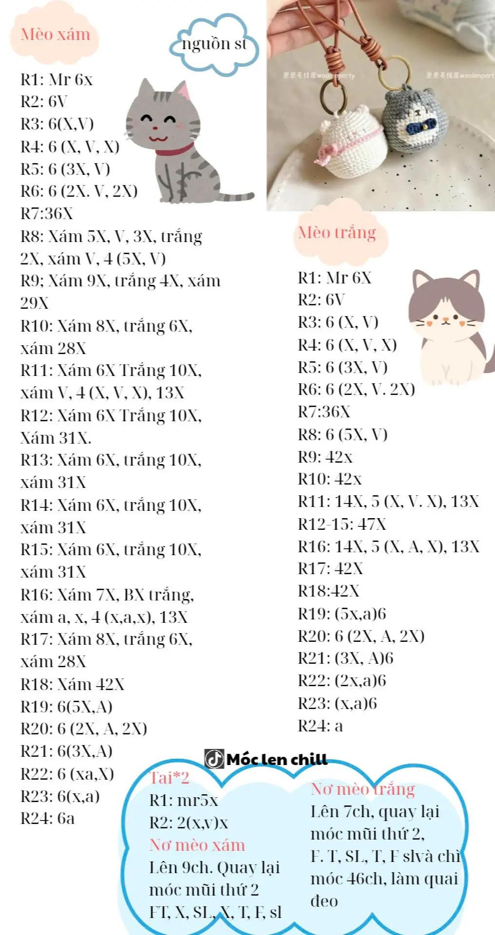 Chart móc len couple mèo xám và trắng dễ thương