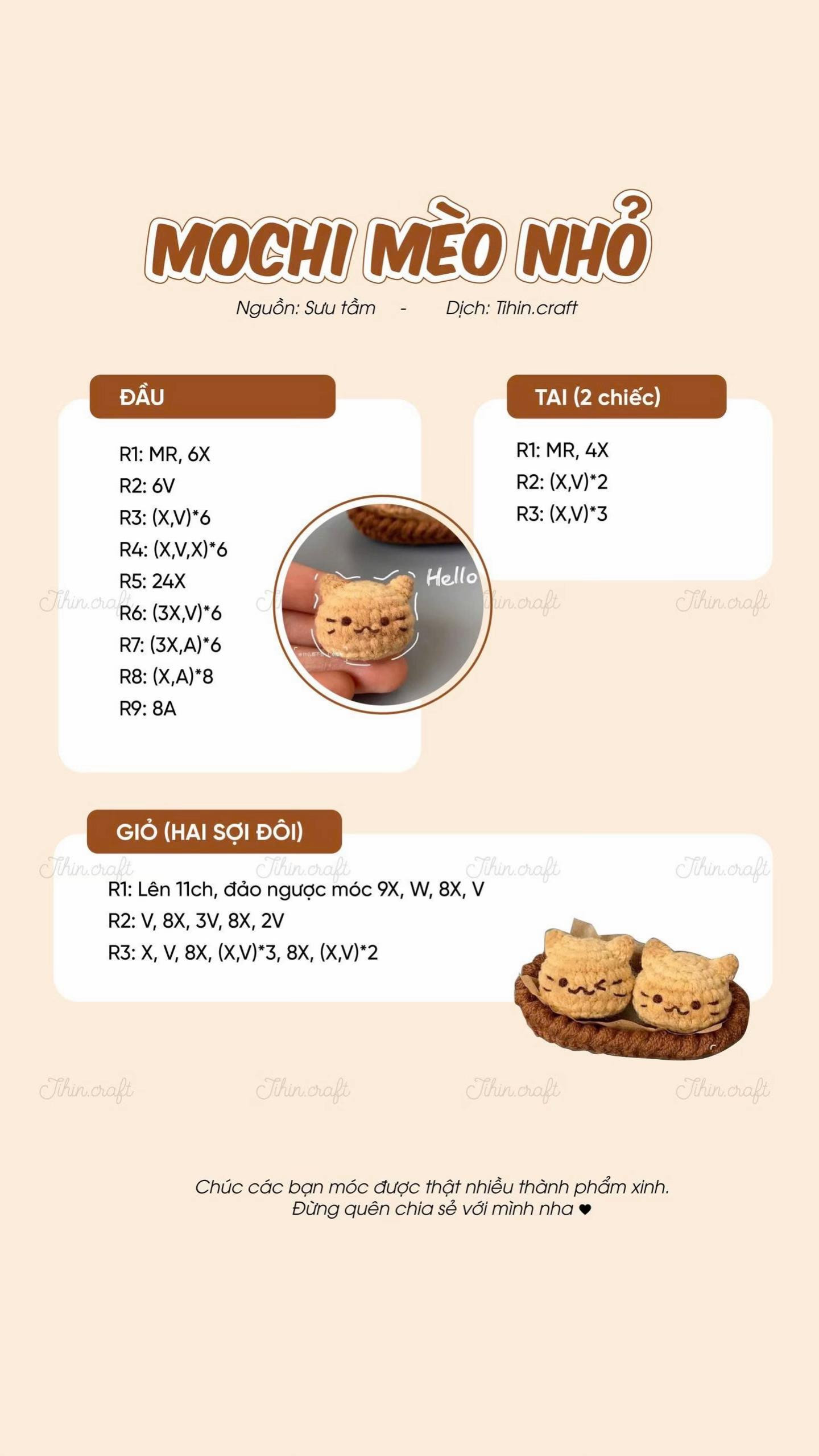 Chart móc len Mochi mèo nhỏ dễ thương, hướng dẫn chi tiết