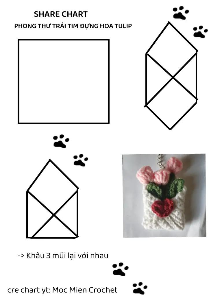 Chart móc len phong thư trái tim đựng hoa tulip hồng