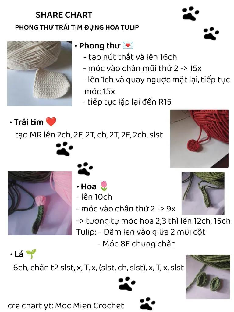 Chart móc len phong thư trái tim đựng hoa tulip hồng