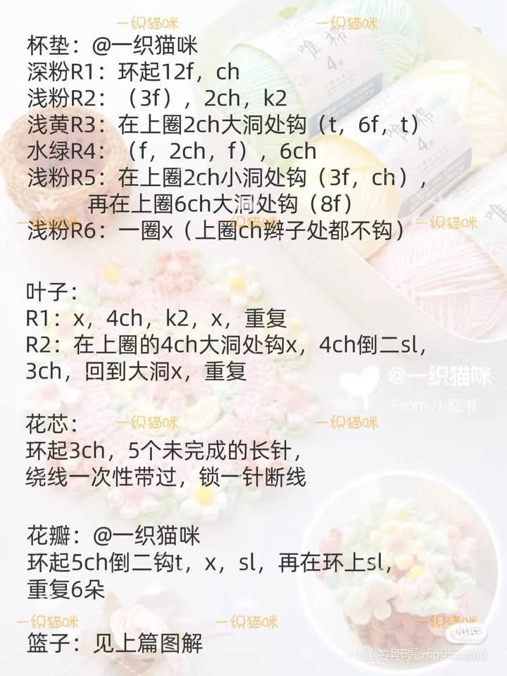 Mẫu móc len giỏ và thảm hoa màu pastel