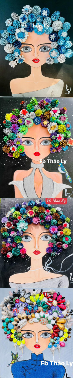 Tranh handmade làm từ quả thông, vỏ sò